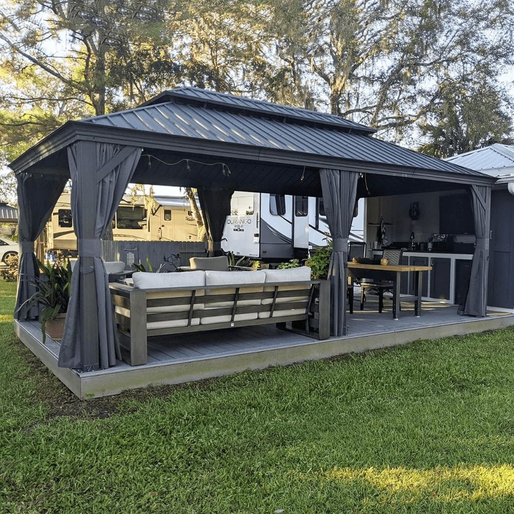 12 ft Gray Aluminum Powder-Coated Frame Hardtop Gazebo with Galvanized Steel Double Roof and Hooks