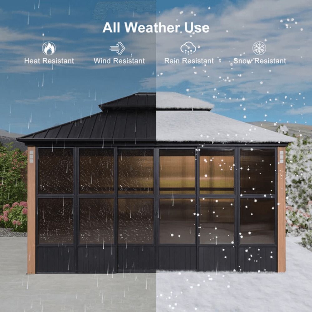 12ft x 16ft Sunroom Hardtop Gazebo with Double Roof, Galvanized Steel Frame, Aluminum PC Mesh Screen for Backyard