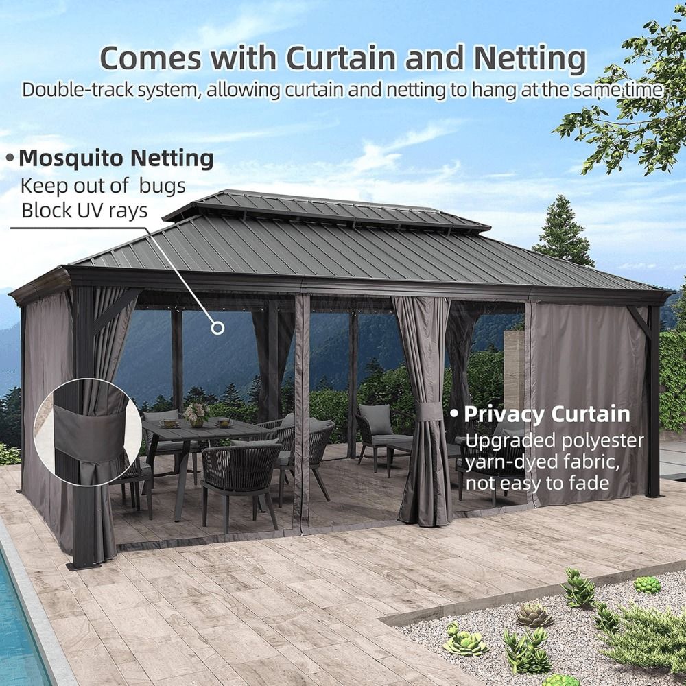 12 ft Gray Aluminum Powder-Coated Frame Hardtop Gazebo with Galvanized Steel Double Roof and Hooks