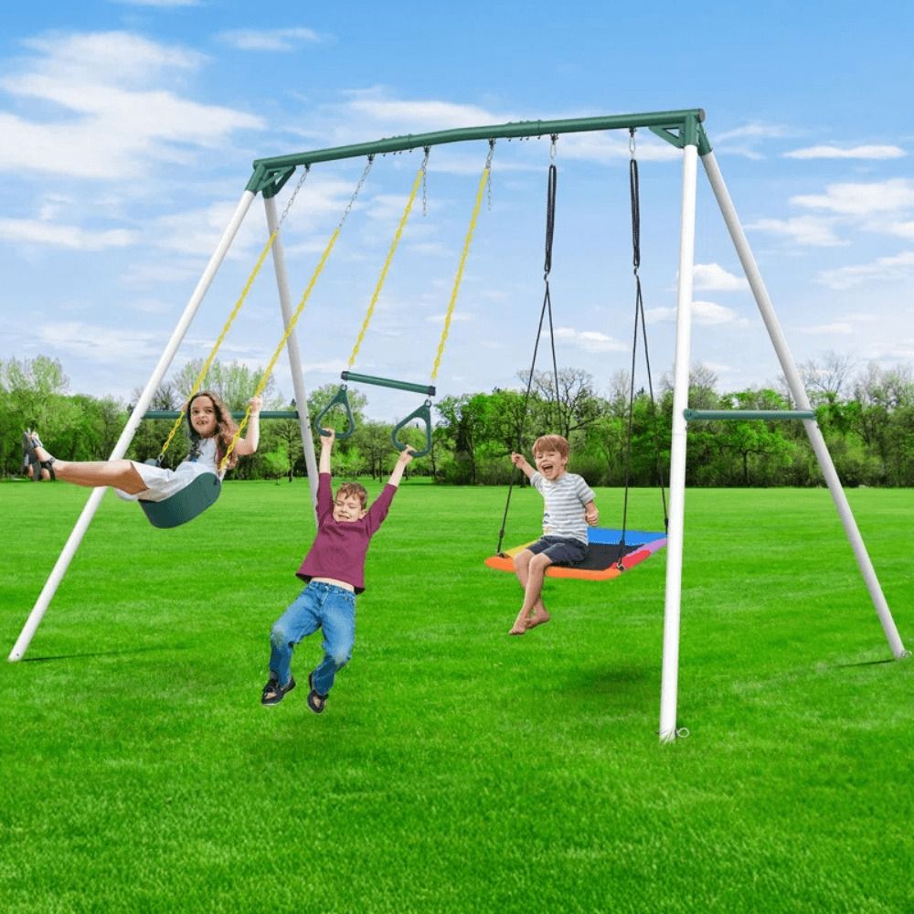 9.5 ft Heavy Duty Metal Swing Set with Belt Swing and Trapeze Bar