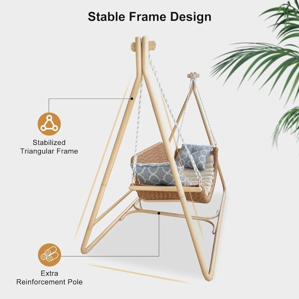 2-Seat Cloud Swing Chair with Cushions and Pillows – Khaki Frame with Purple Leaf Cushions