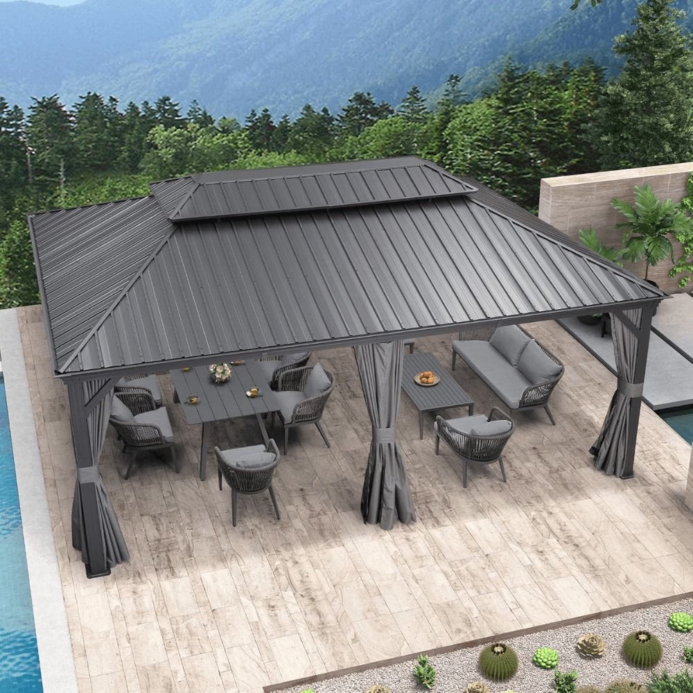 12 ft Gray Aluminum Powder-Coated Frame Hardtop Gazebo with Galvanized Steel Double Roof and Hooks
