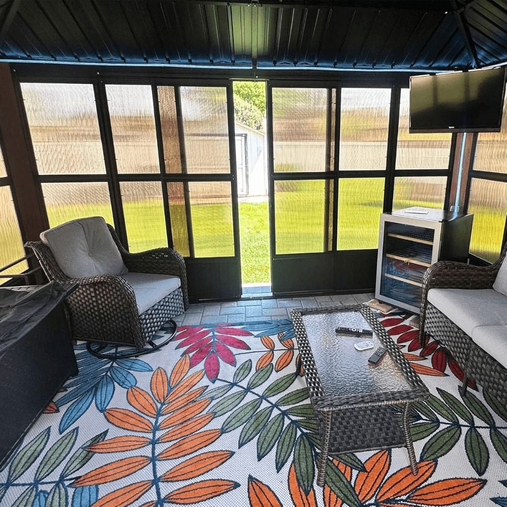 12 ft x 16 ft Sunroom Hardtop Gazebo with Double Roof, Galvanized Steel Frame, Aluminum Screen for Patio and Backyard