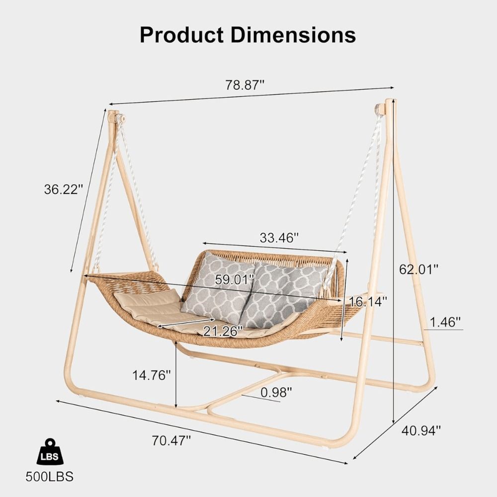2-Seat Cloud Swing Chair with Cushions and Pillows – Khaki Frame with Purple Leaf Cushions