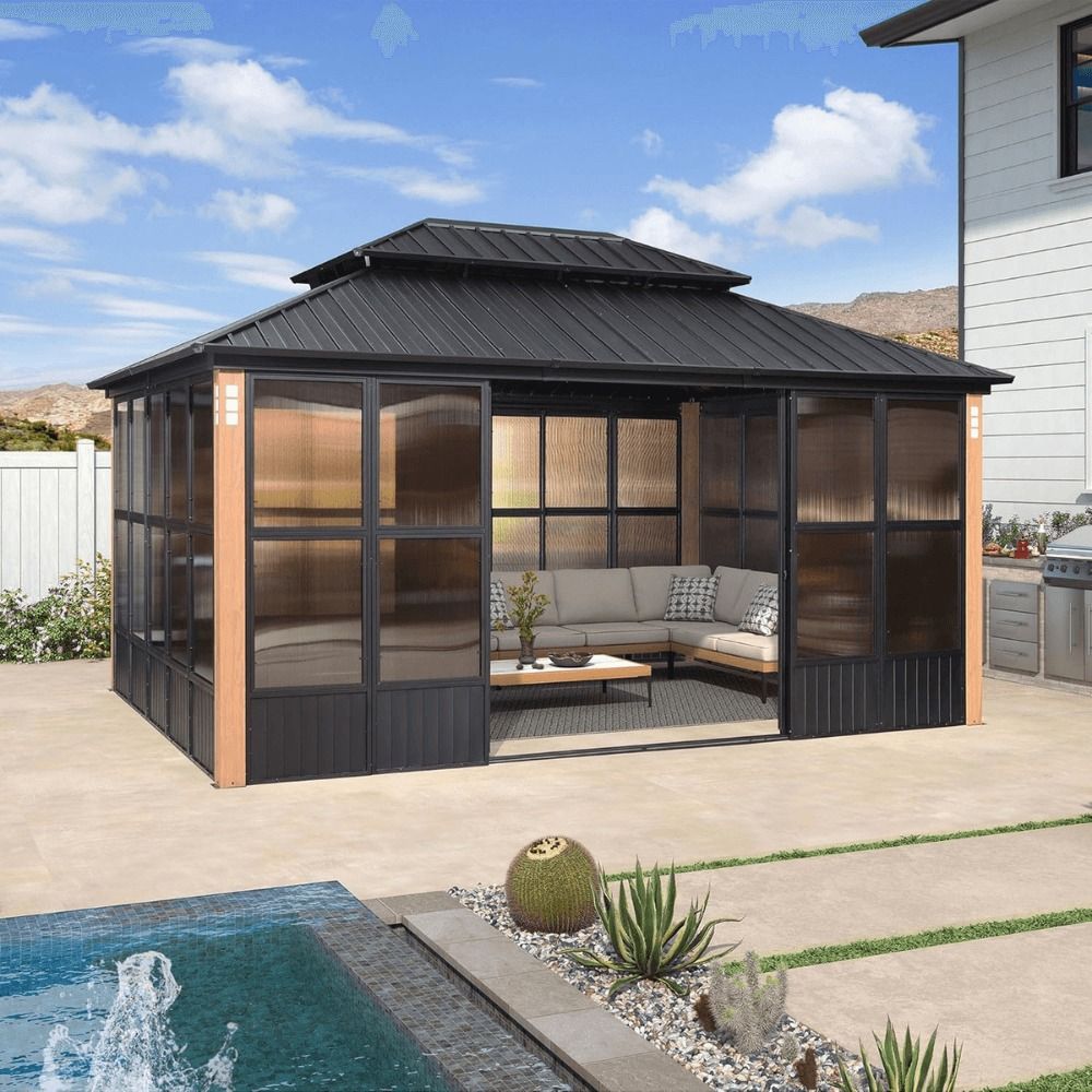12ft x 16ft Sunroom Hardtop Gazebo with Double Roof, Galvanized Steel Frame, Aluminum PC Mesh Screen for Backyard