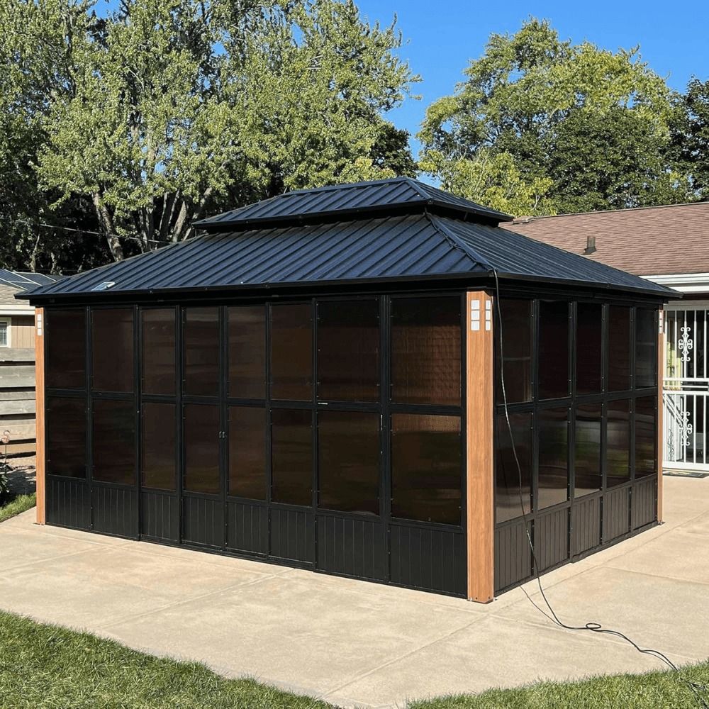 12 ft x 16 ft Sunroom Hardtop Gazebo with Double Roof, Galvanized Steel Frame, Aluminum Screen for Patio and Backyard