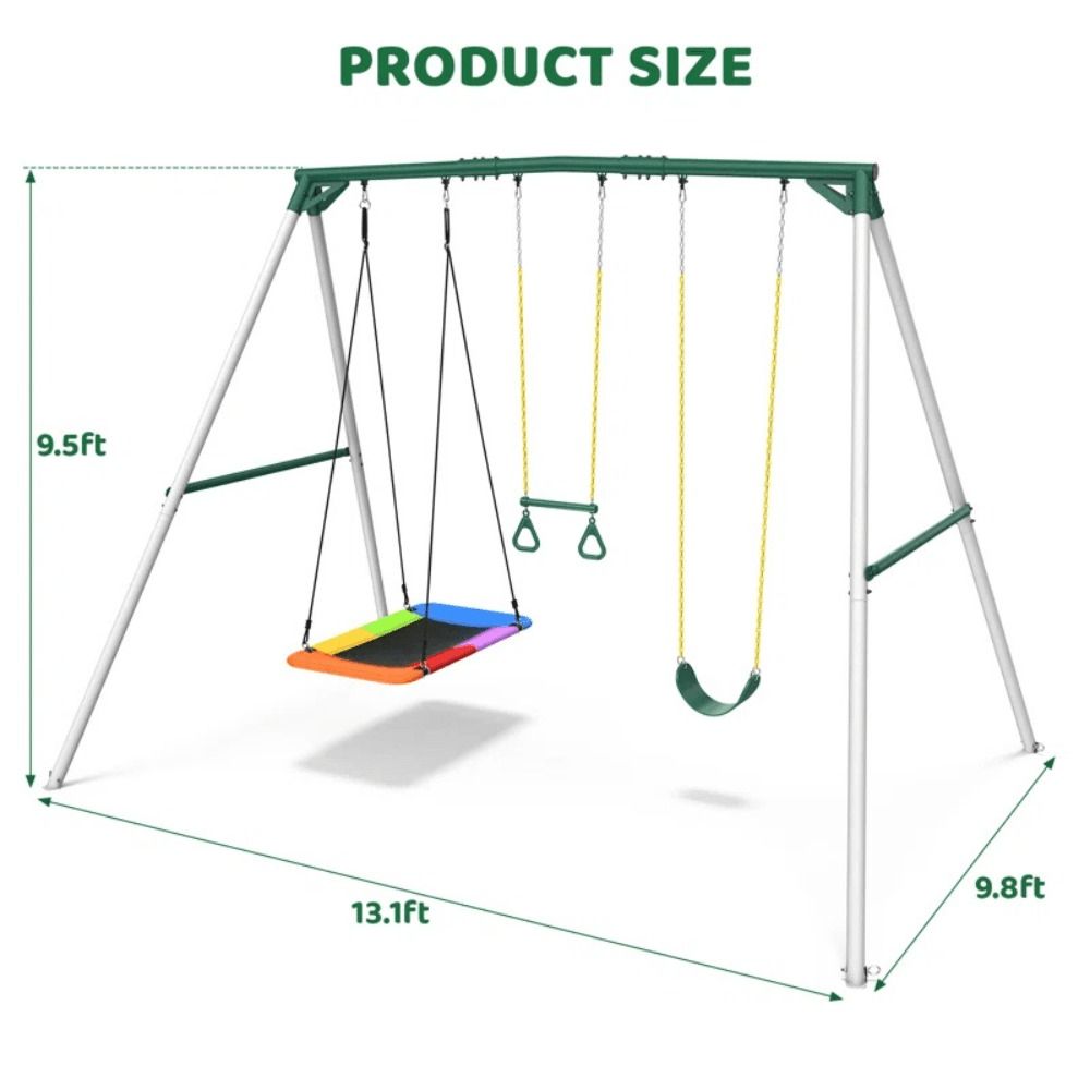 9.5 ft Heavy Duty Metal Swing Set with Belt Swing and Trapeze Bar