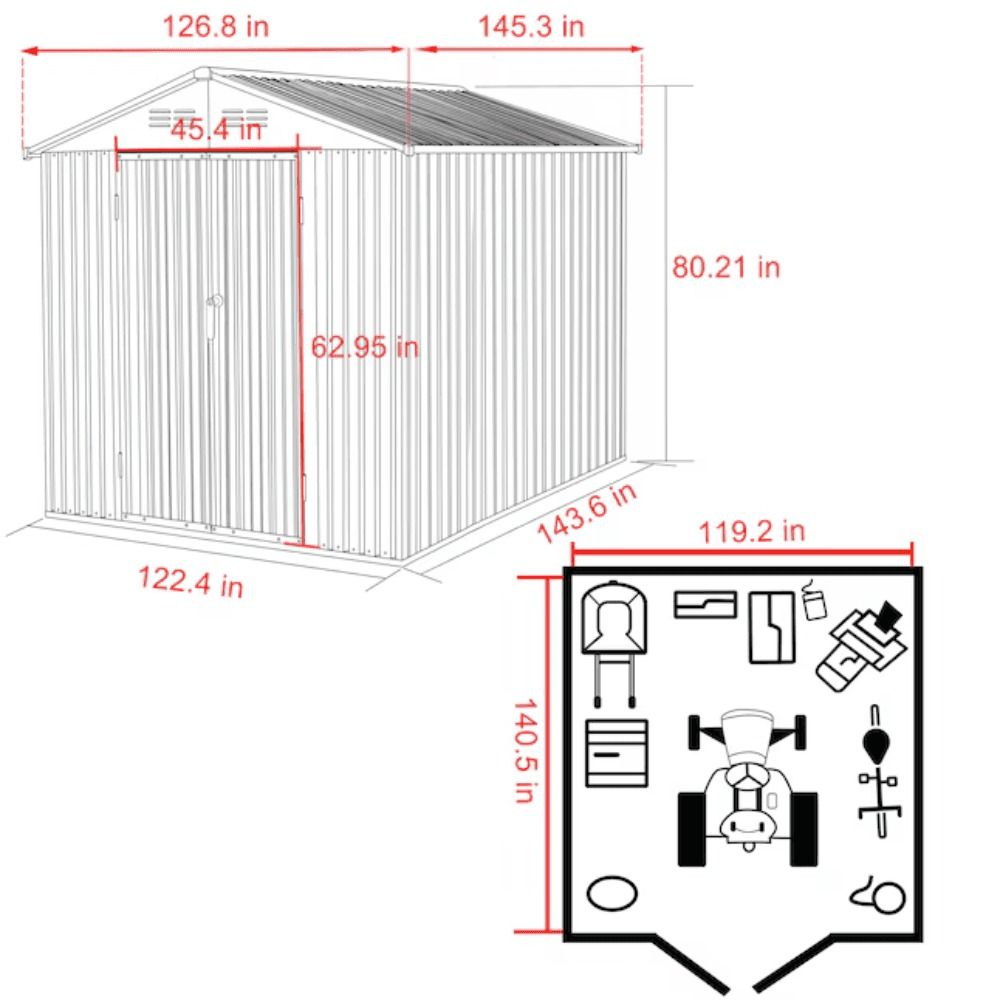 10 ft. W x 12 ft. D Outdoor Metal Storage Shed - Gray, 120 sq. ft.
