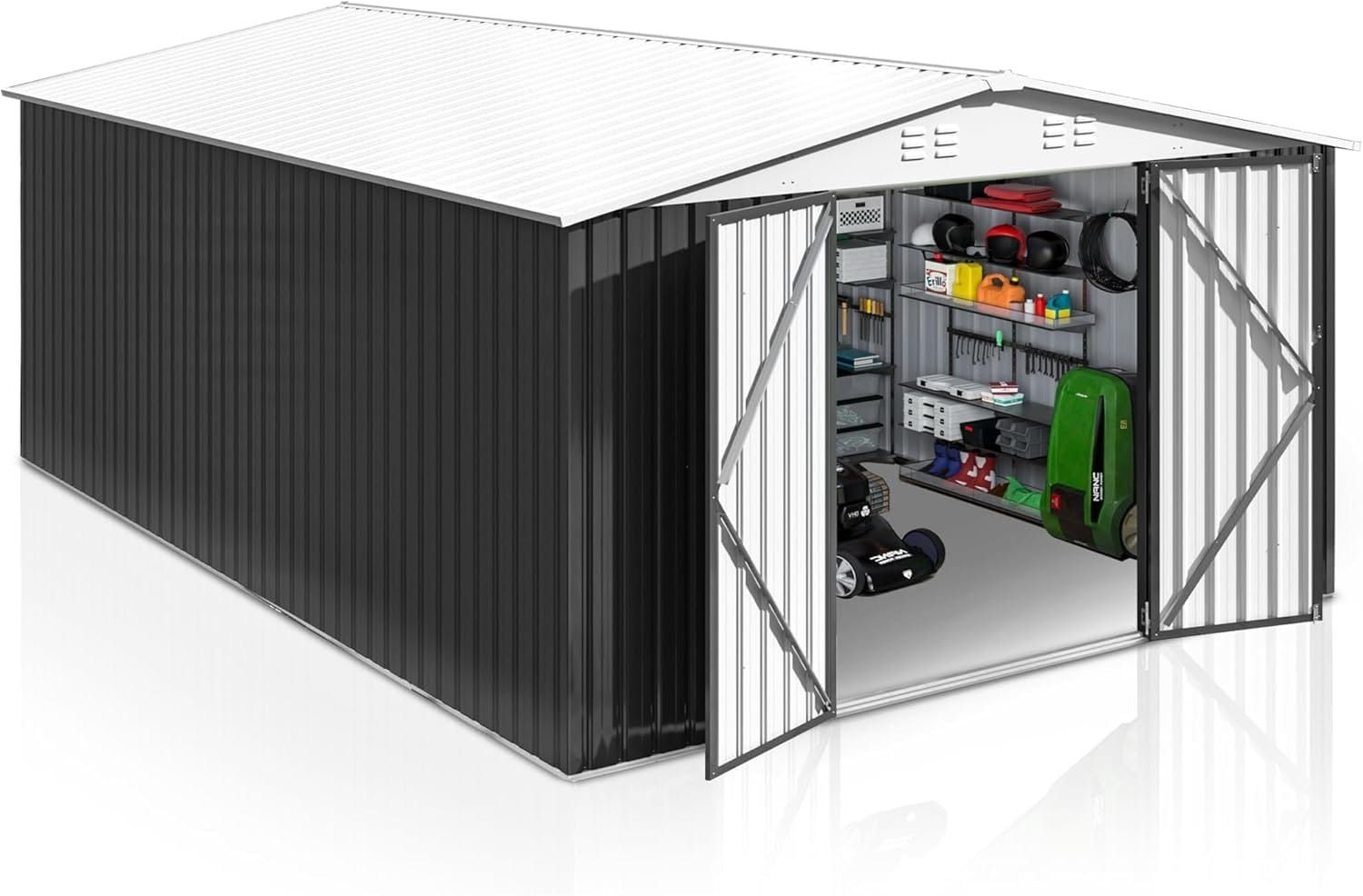 10 ft. W x 14 ft. D Outdoor Metal Shed with Updated Frame Structure and Lockable Doors - White (140 Sq. Ft)