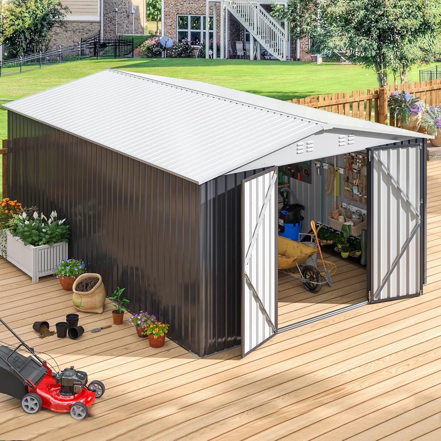10 ft. W x 14 ft. D Outdoor Metal Shed with Updated Frame Structure and Lockable Doors - White (140 Sq. Ft)