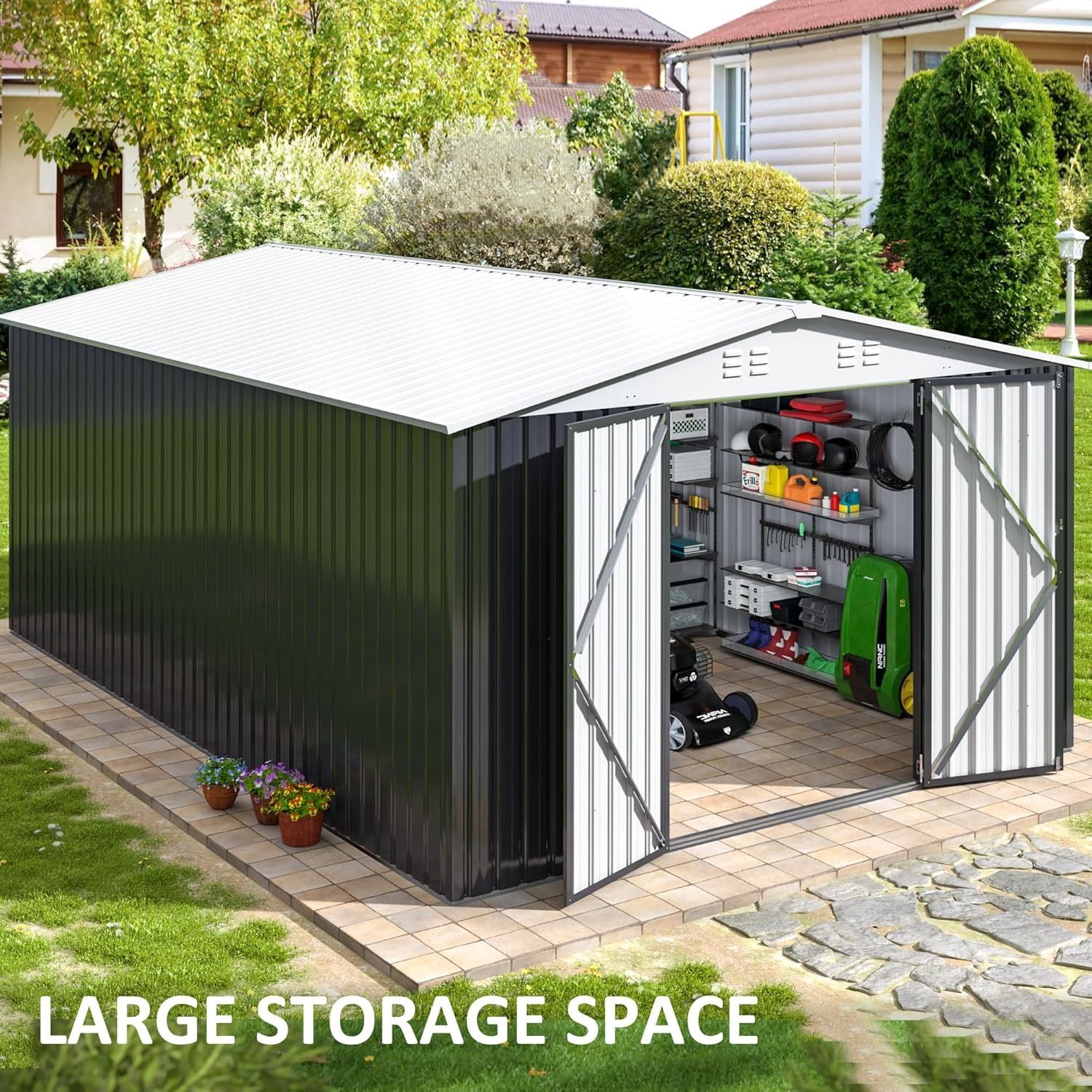 10 ft. W x 14 ft. D Outdoor Metal Shed with Updated Frame Structure and Lockable Doors - White (140 Sq. Ft)