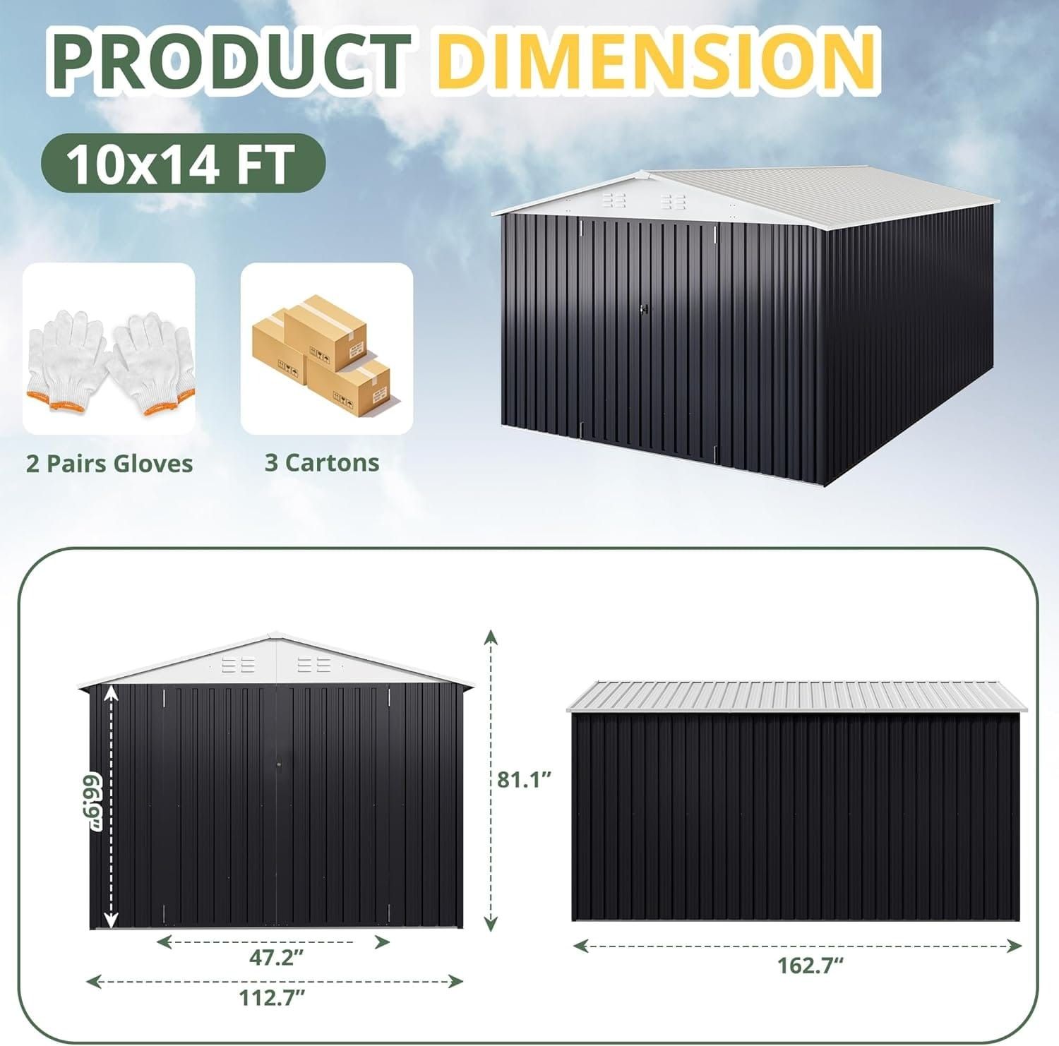 10 ft. W x 14 ft. D Outdoor Metal Shed with Updated Frame Structure and Lockable Doors - White (140 Sq. Ft)