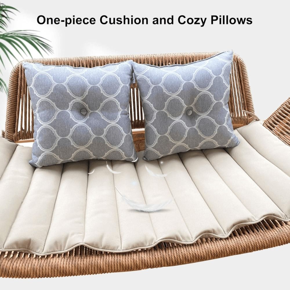 2-Seat Cloud Swing Chair with Cushions and Pillows – Khaki Frame with Purple Leaf Cushions