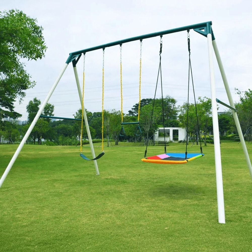 9.5 ft Heavy Duty Metal Swing Set with Belt Swing and Trapeze Bar
