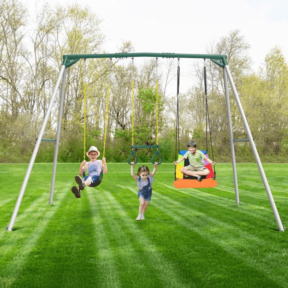 9.5 ft Heavy Duty Metal Swing Set with Belt Swing and Trapeze Bar