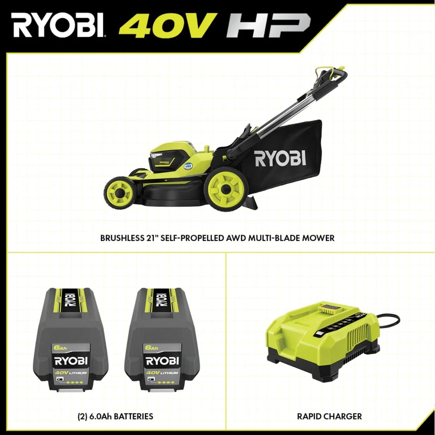 RYOBI 40V HP Brushless Whisper Series 21-Inch Walk-Behind Self-Propelled All-Wheel Drive Lawn Mower