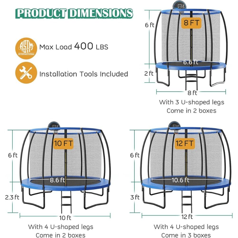 Giantex 8, 10 & 12 ft Large Outdoor Trampoline with Enclosure, Ladder Included – ASTM Certified