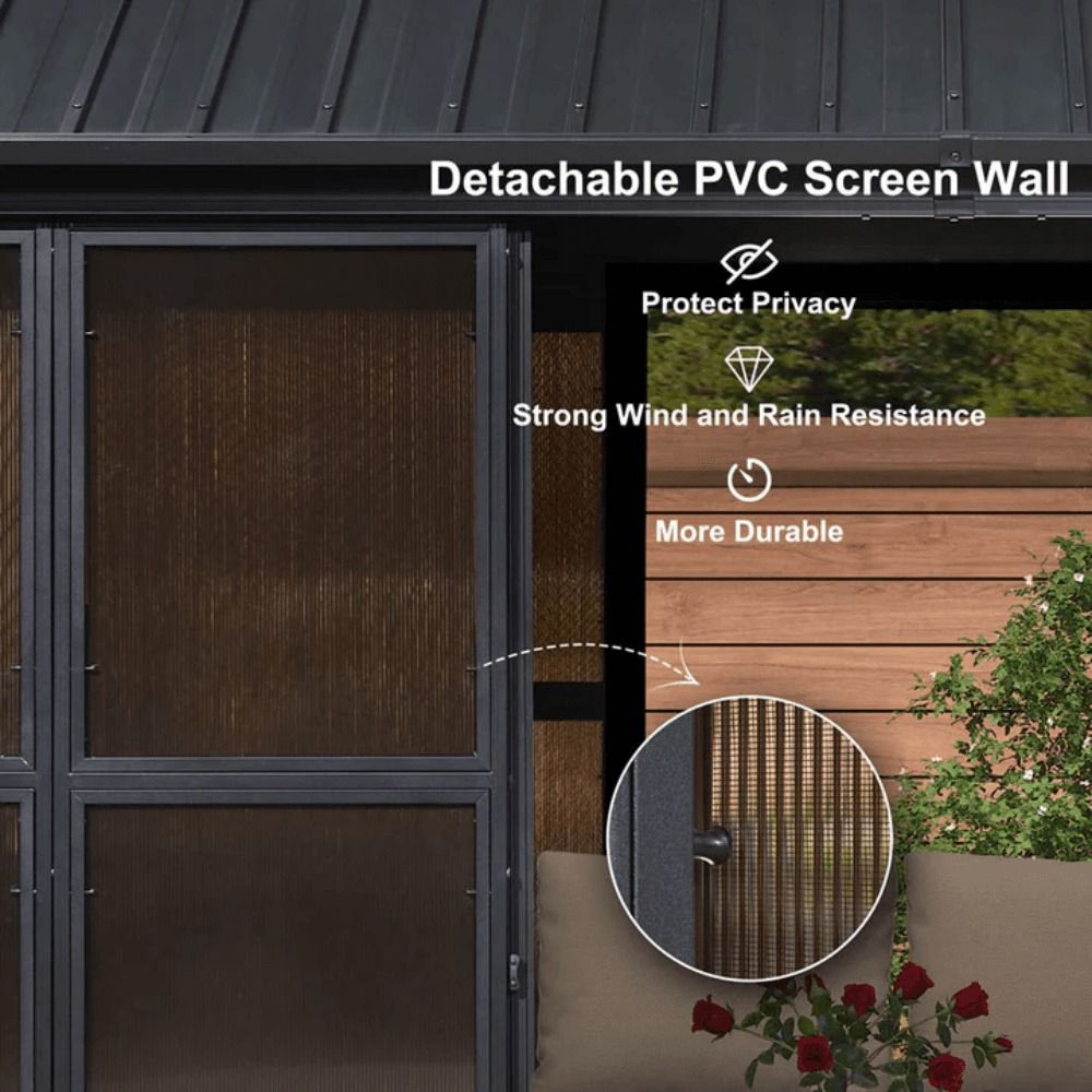 12ft x 16ft Sunroom Hardtop Gazebo with Double Roof, Galvanized Steel Frame, Aluminum PC Mesh Screen for Backyard