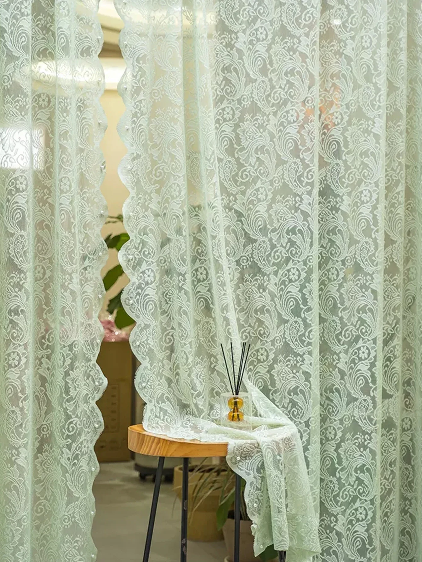 Green Lace Tulle Curtain – Beaded Edge Small Flower Curtain