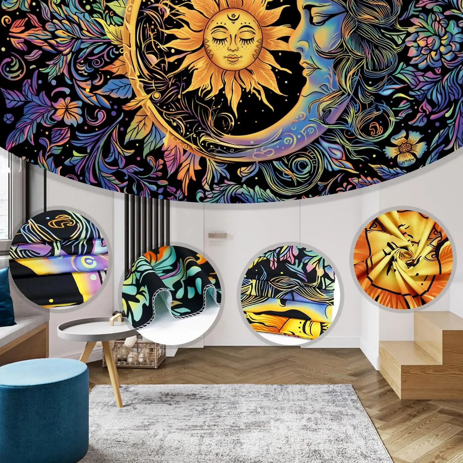Sun and Moon Boho Tapestry - Indie Aesthetic Wall Hanging for Bedroom Decor