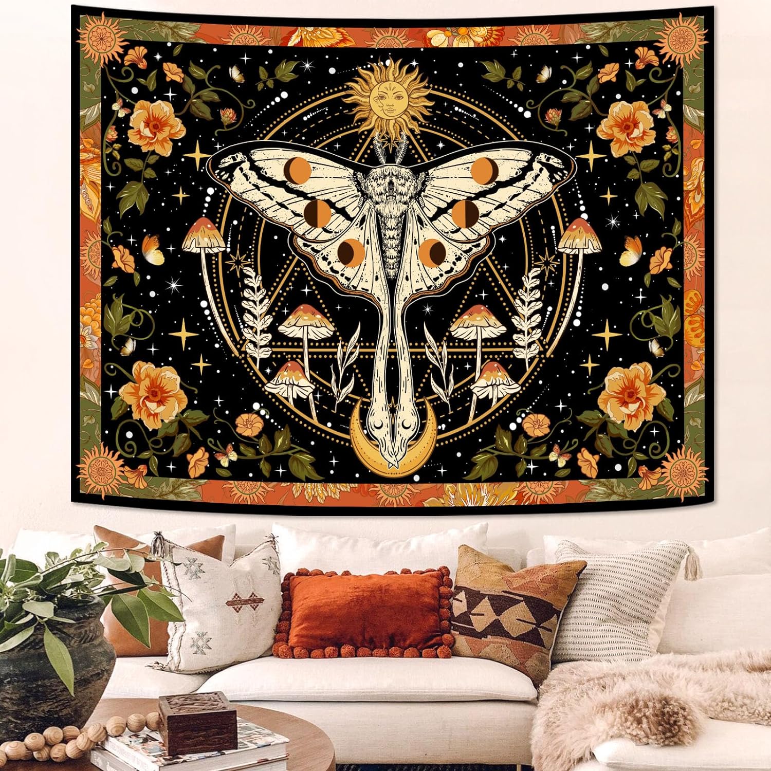 Boho Retro Floral Moth Tapestry - Vintage Wall Hanging, 30