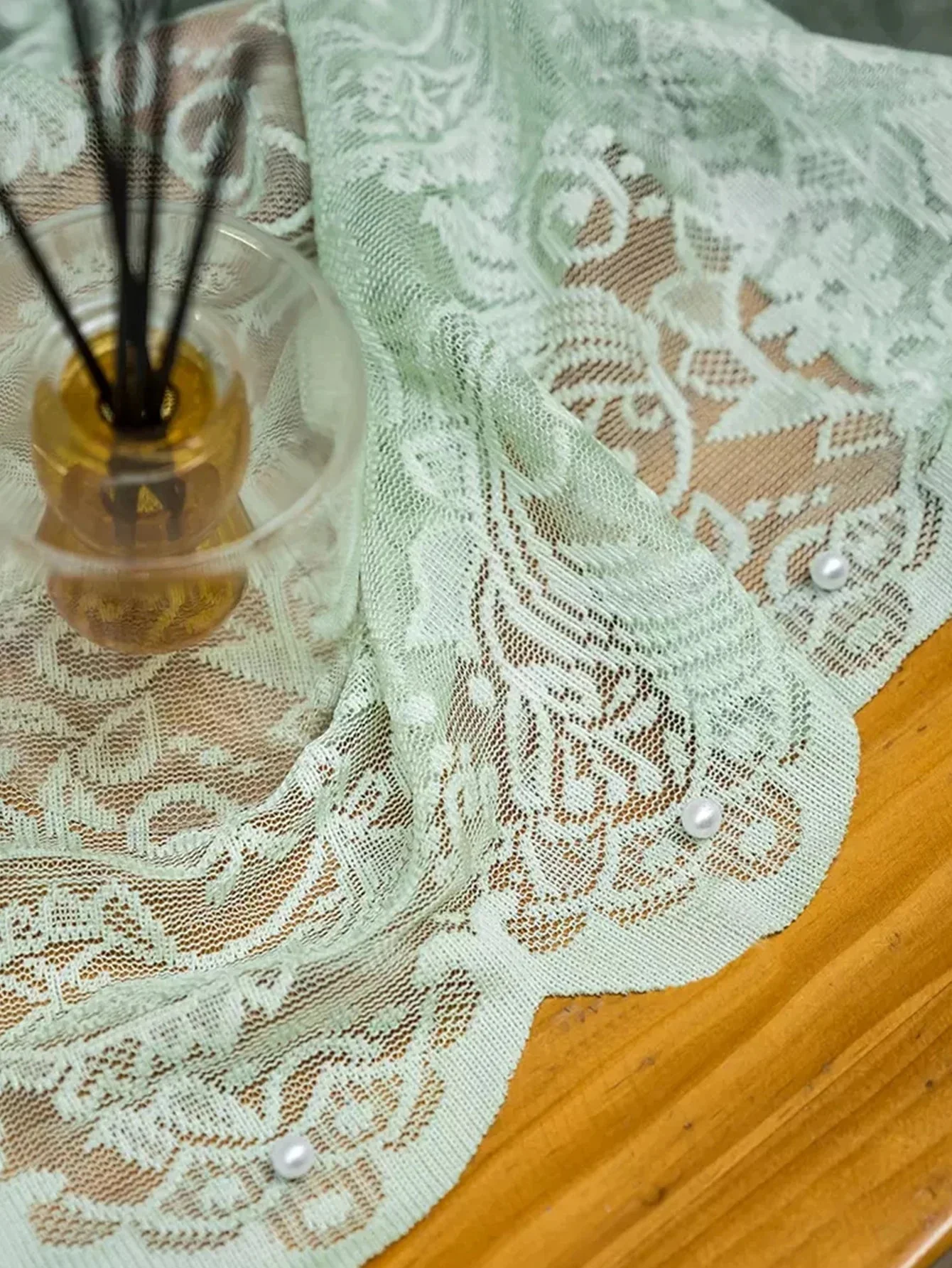 Green Lace Tulle Curtain – Beaded Edge Small Flower Curtain