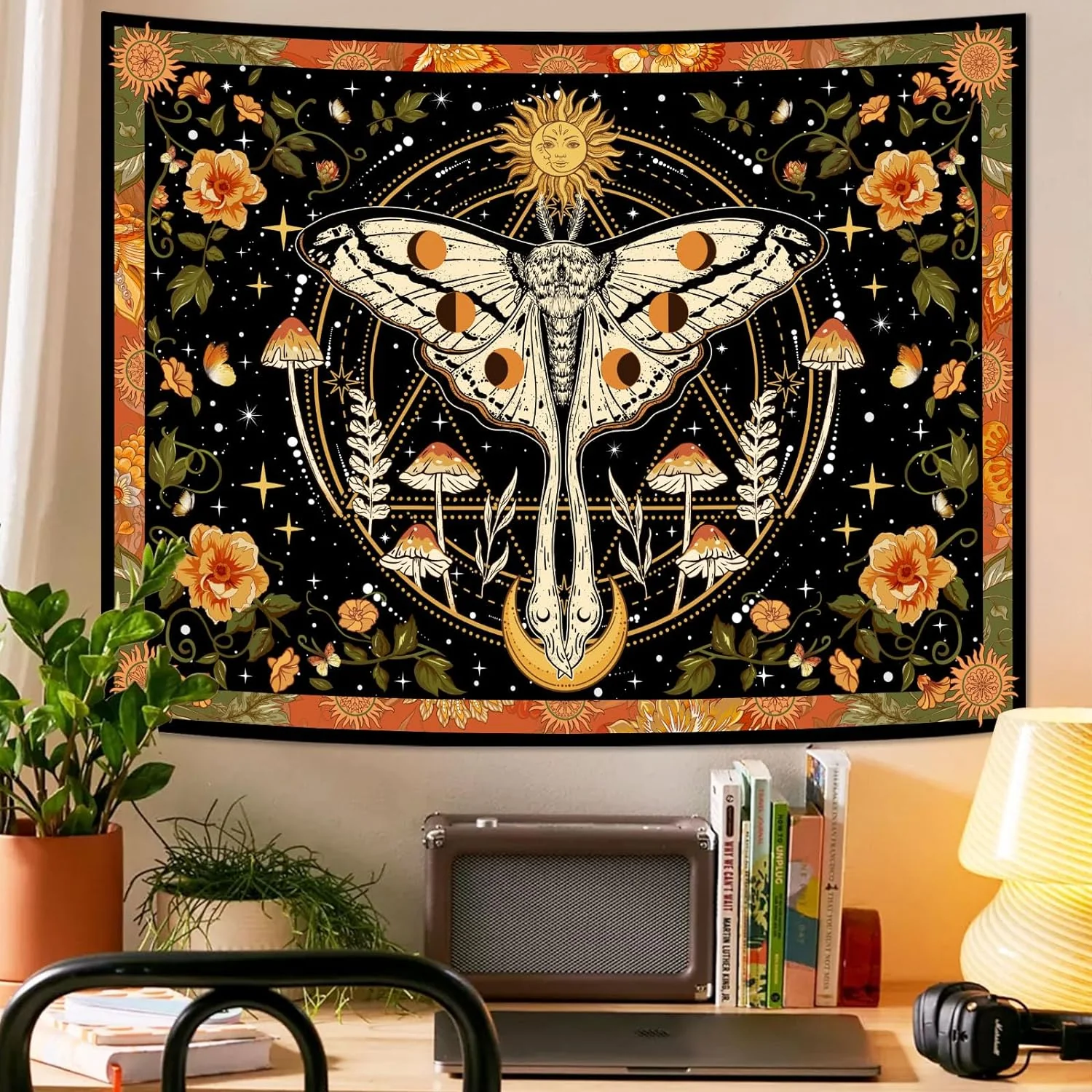 Boho Retro Floral Moth Tapestry - Vintage Wall Hanging, 30