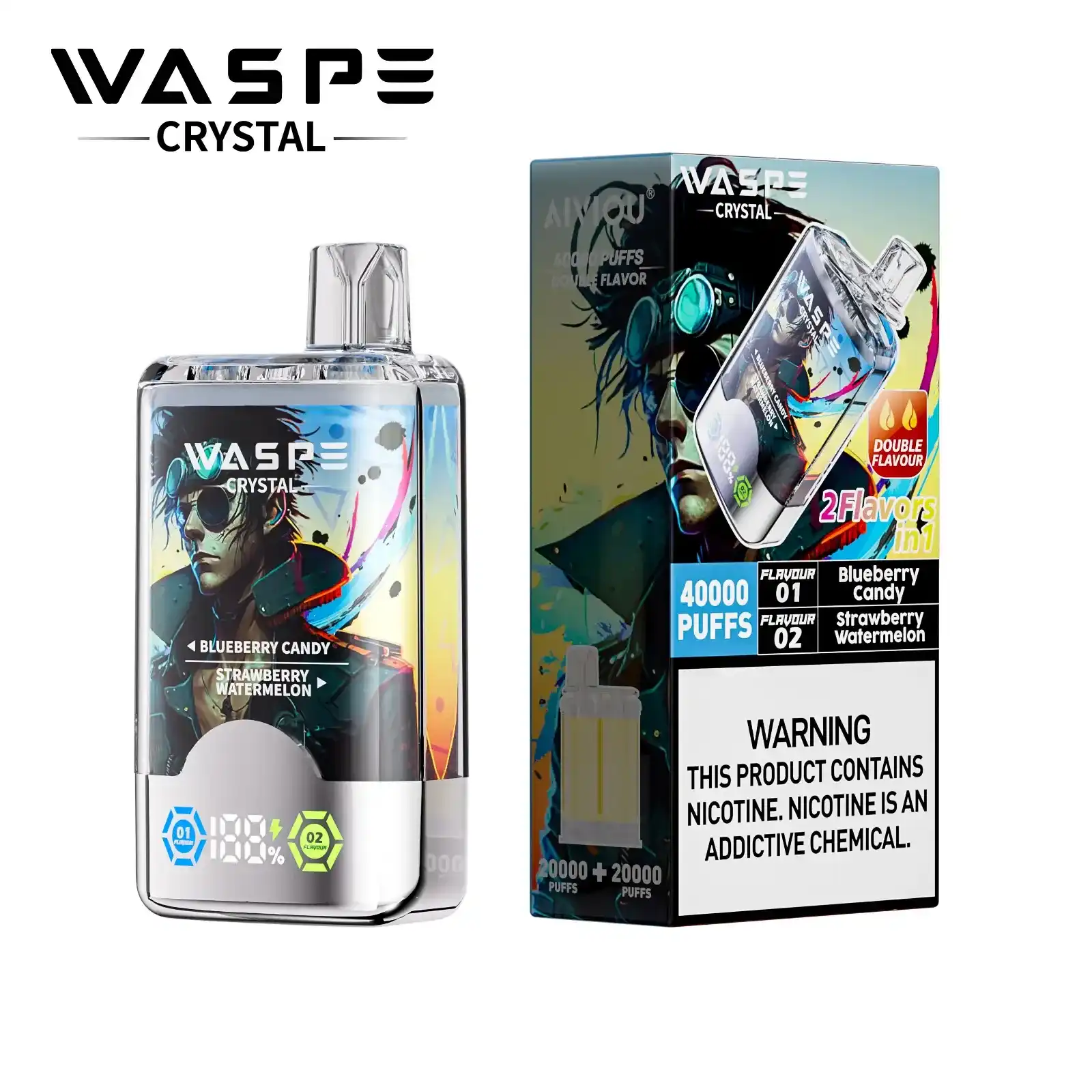 WASPE Crystal Double Flavors 40000 Puffs  | LED Screen | Double Flavors | Dual mesh coil  | Disposable Vape - Vapo247