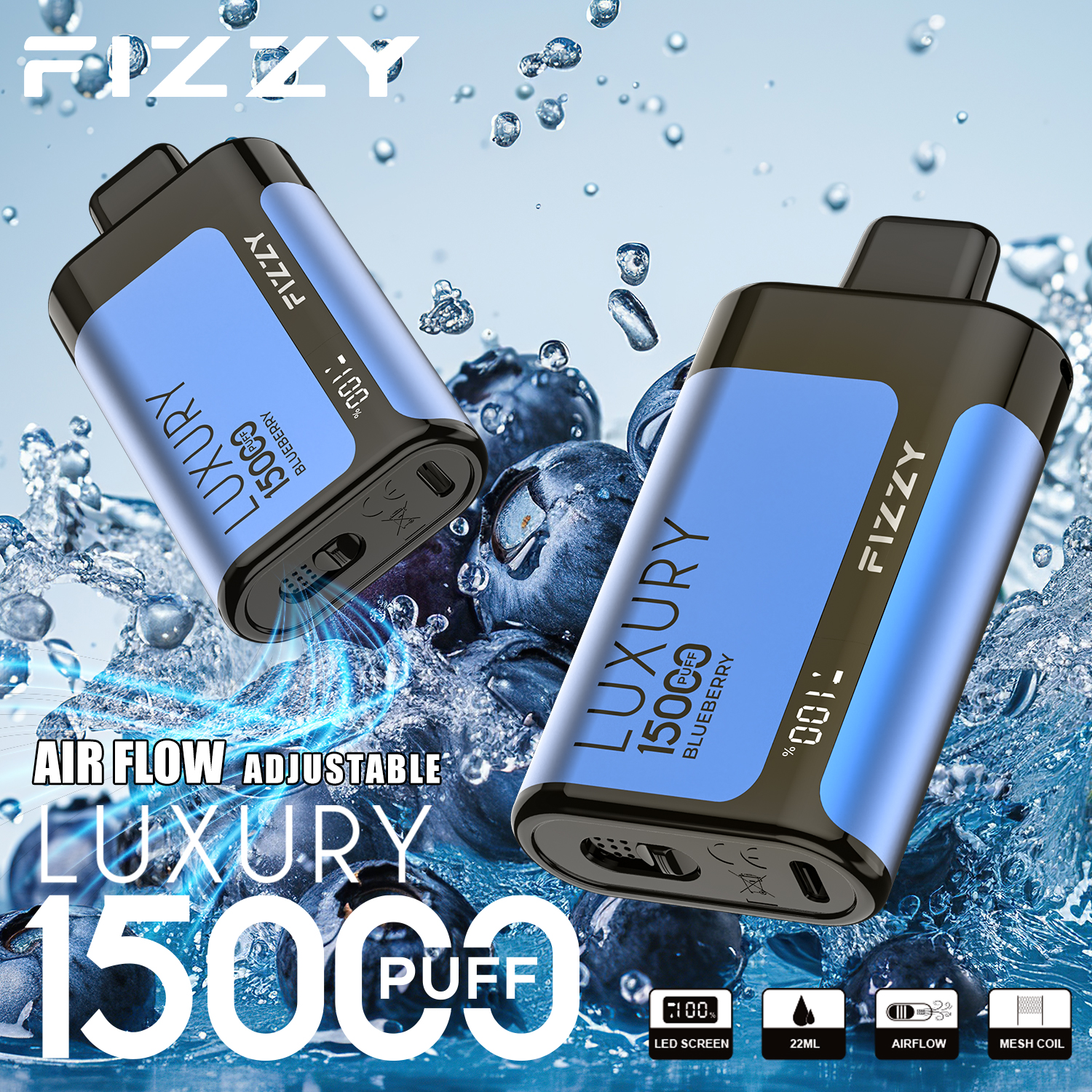 Fizzy Luxury 15000 Puffs Disposable Vape 22ML E-liquid Mesh Coil LCD Screen Adjustable Air Flow - Vapo247