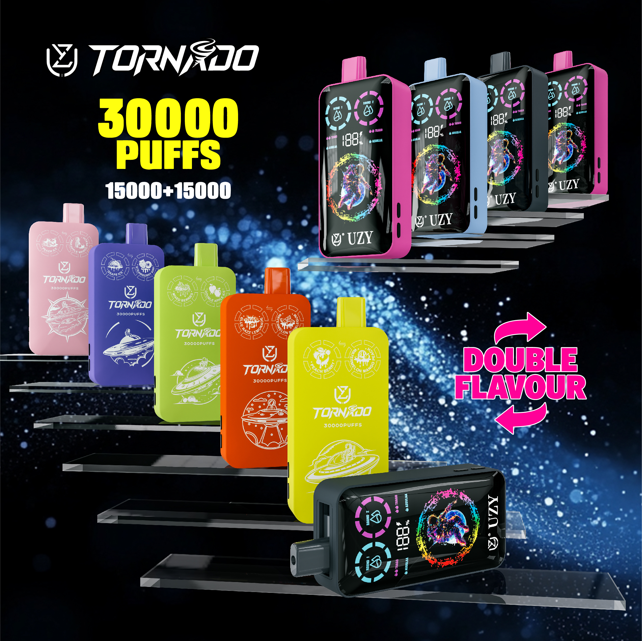 UZY TORNADO 30000 Puffs Double Flavors LCD Screen Mesh coil Disposable Vape - Vapo247