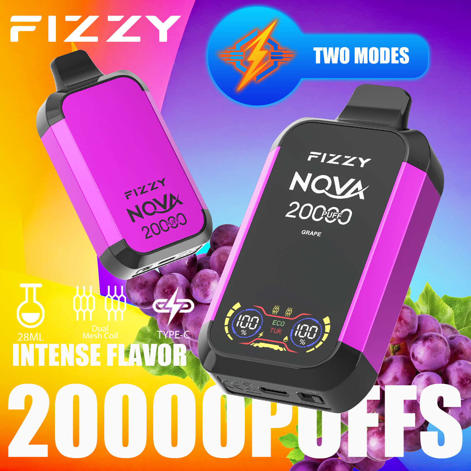 FIZZY NOVA 20000 Puffs Disposable Vape Dual Mesh Coil 28ML E-liquid LCD Screen Eco/Turbo Mode - Vapo247