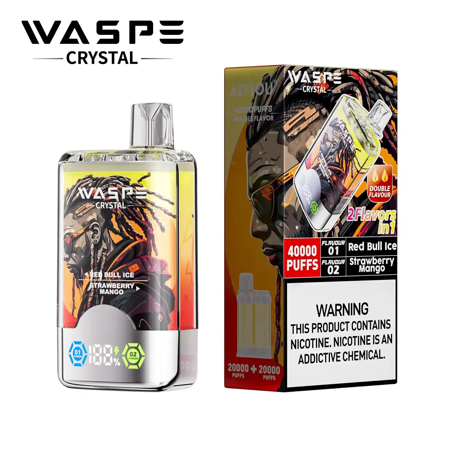WASPE Crystal Double Flavors 40000 Puffs  | LED Screen | Double Flavors | Dual mesh coil  | Disposable Vape - Vapo247