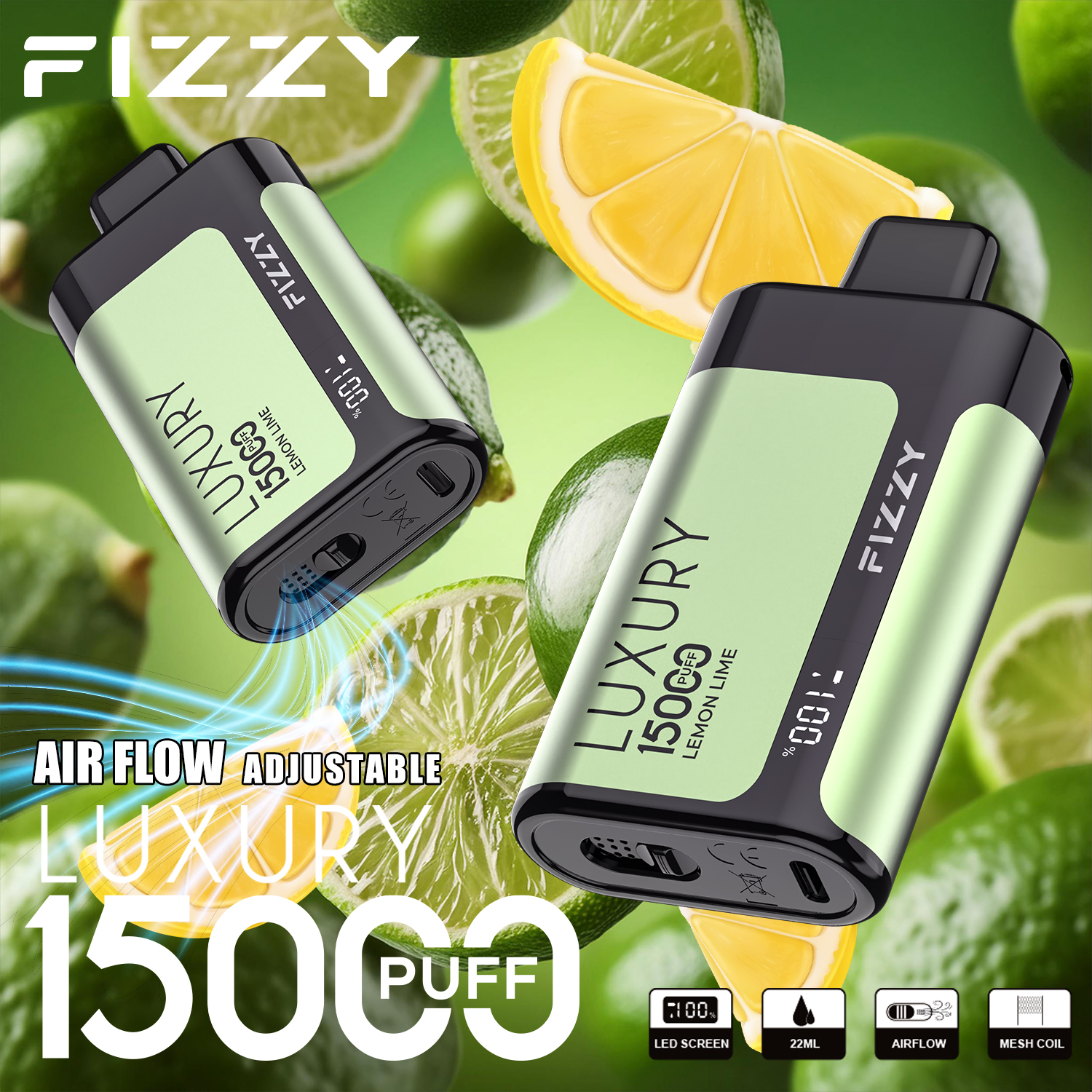 Fizzy Luxury 15000 Puffs Disposable Vape 22ML E-liquid Mesh Coil LCD Screen Adjustable Air Flow - Vapo247