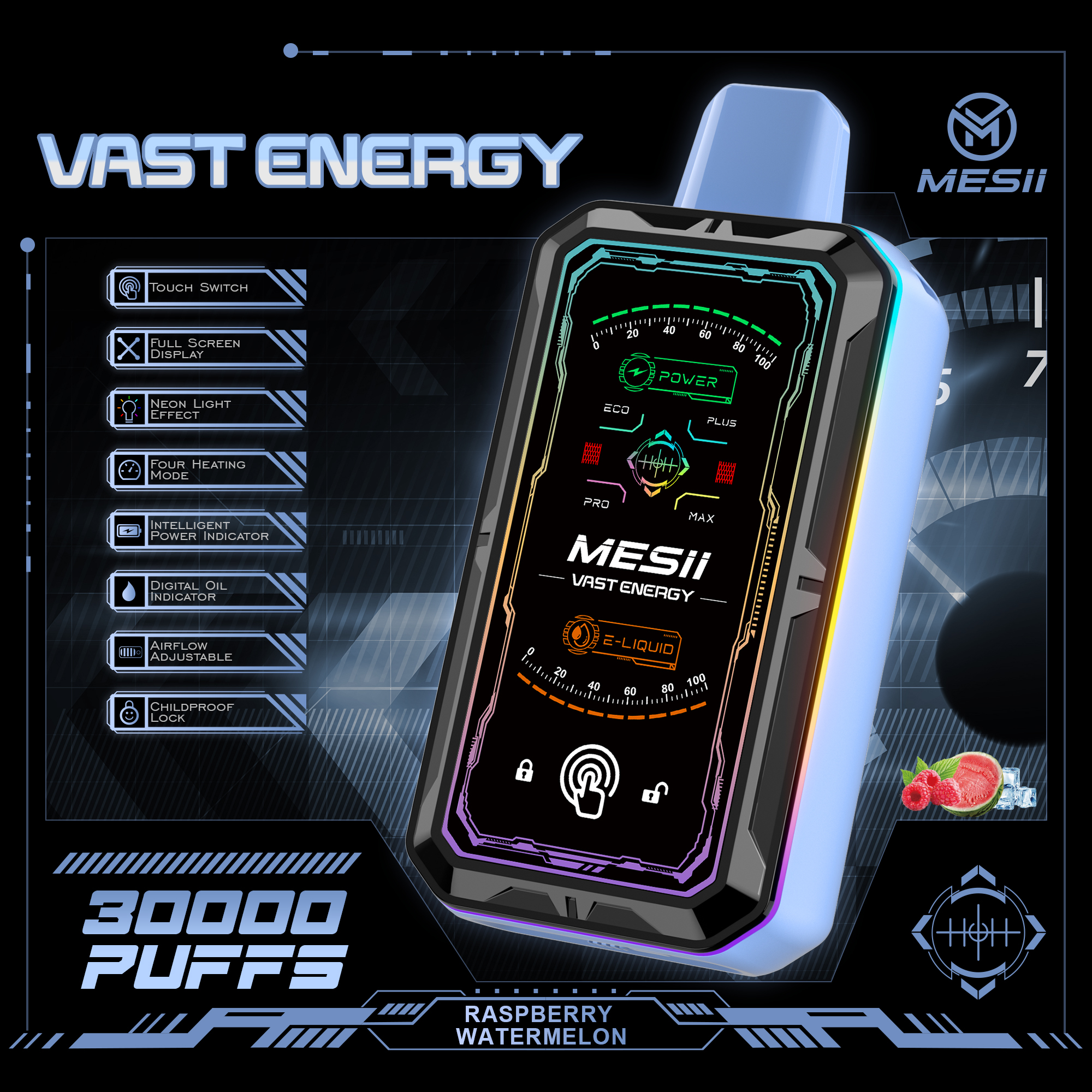 Mesii Vast Engergy 30000 Puffs Touch Switch LCD Screen 4 heating mode Adjustable airflow Fingerprint lock Disposable Vape - Vapo247