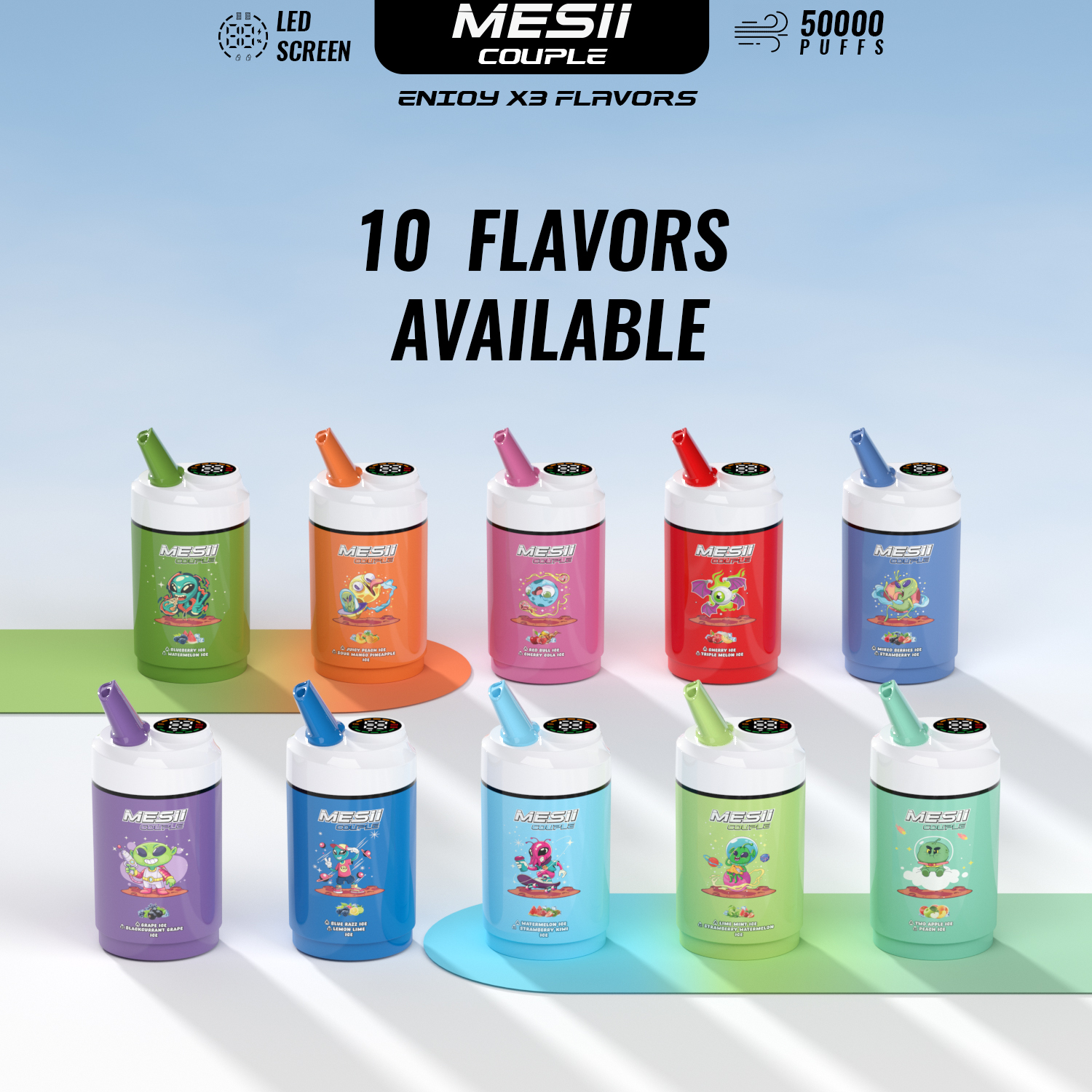 Mesii Couple 50000 Puffs 3 Flavors| LCD Screen| Dual 20ml liquid Disposable Vape - Vapo247