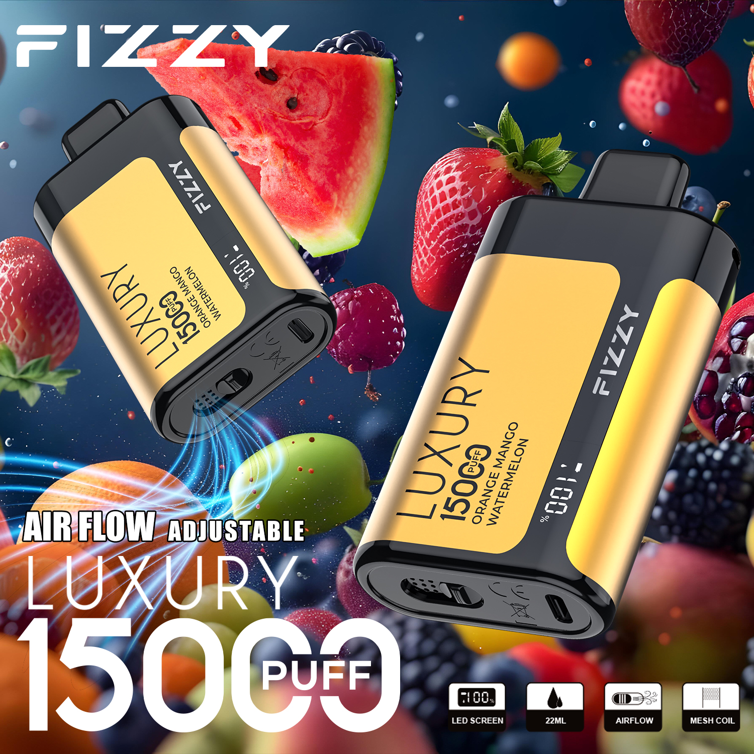 Fizzy Luxury 15000 Puffs Disposable Vape 22ML E-liquid Mesh Coil LCD Screen Adjustable Air Flow - Vapo247