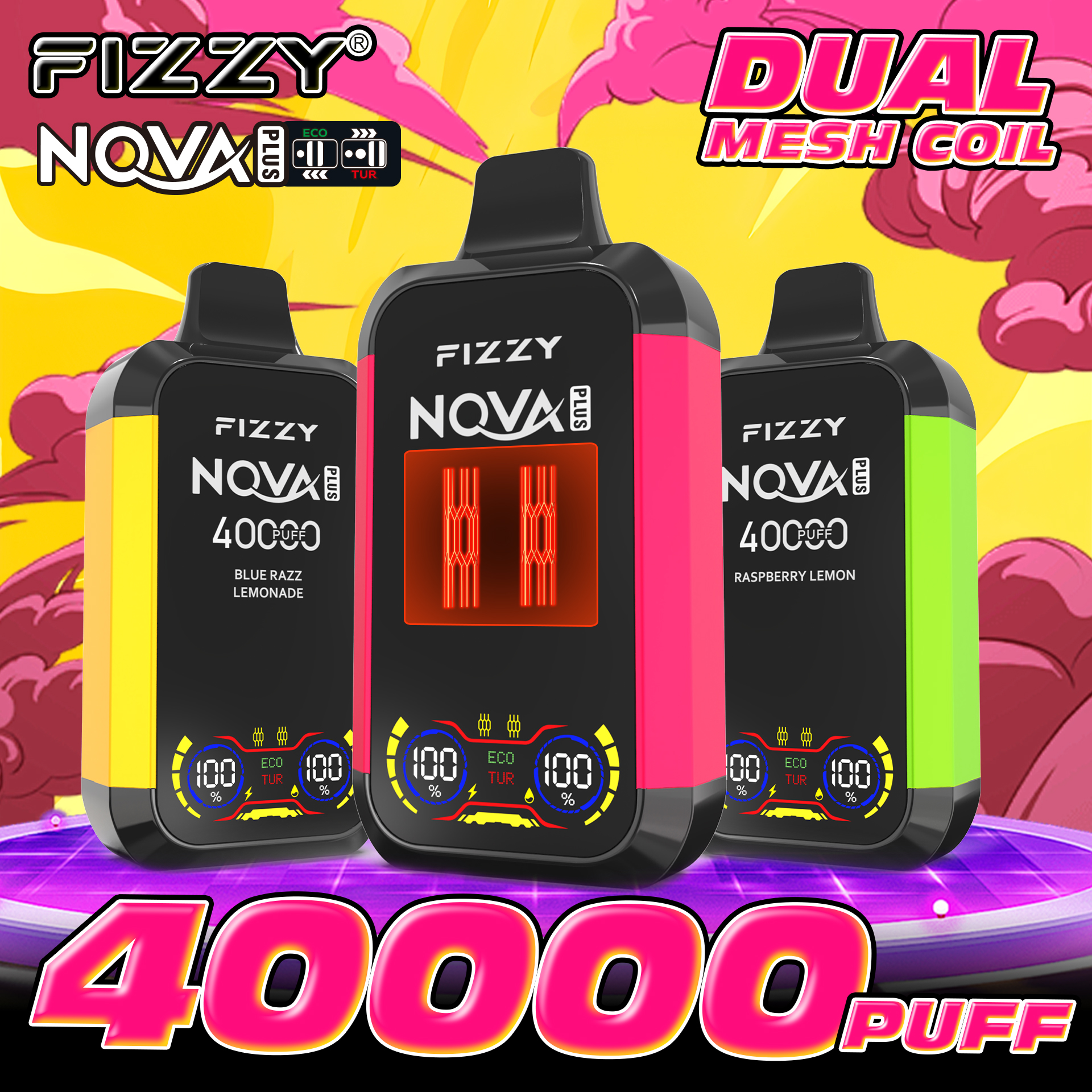 FIZZY Nova Plus 40000 Puffs Adjustable airflow LCD screen 40ml mesh coil Disposable Vape - Vapo247