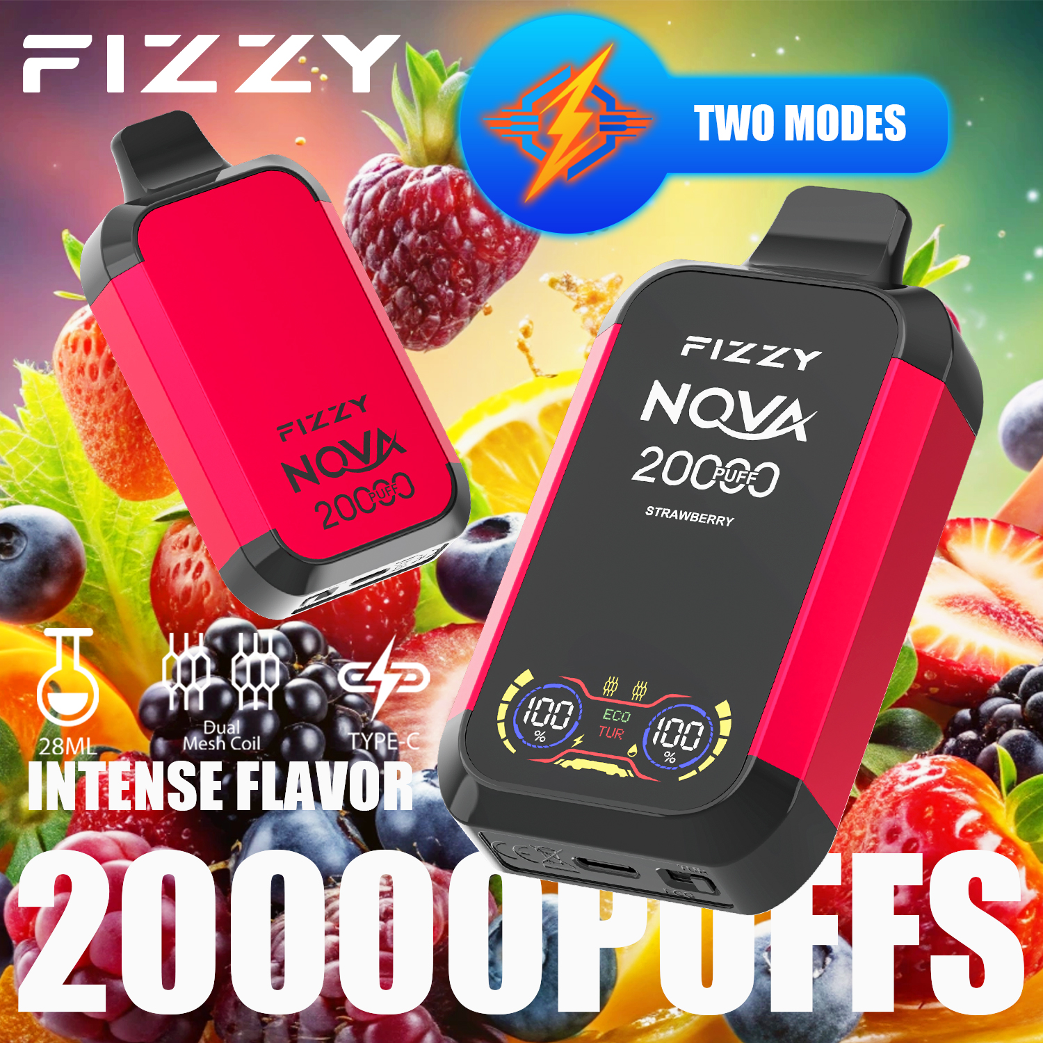 FIZZY NOVA 20000 Puffs Disposable Vape Dual Mesh Coil 28ML E-liquid LCD Screen Eco/Turbo Mode - Vapo247