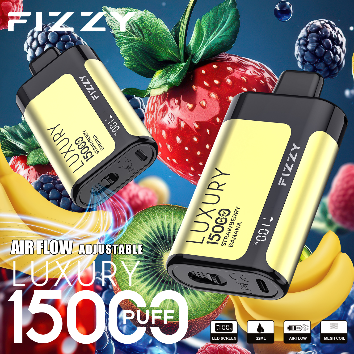 Fizzy Luxury 15000 Puffs Disposable Vape 22ML E-liquid Mesh Coil LCD Screen Adjustable Air Flow - Vapo247