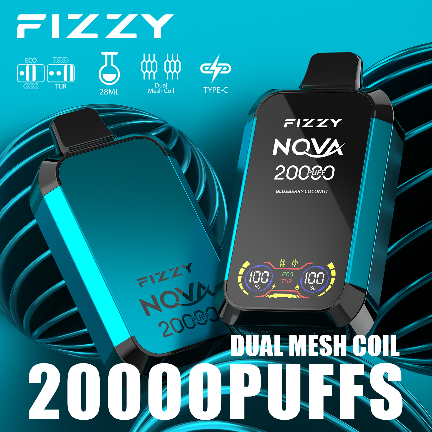 FIZZY NOVA 20000 Puffs Disposable Vape Dual Mesh Coil 28ML E-liquid LCD Screen Eco/Turbo Mode - Vapo247