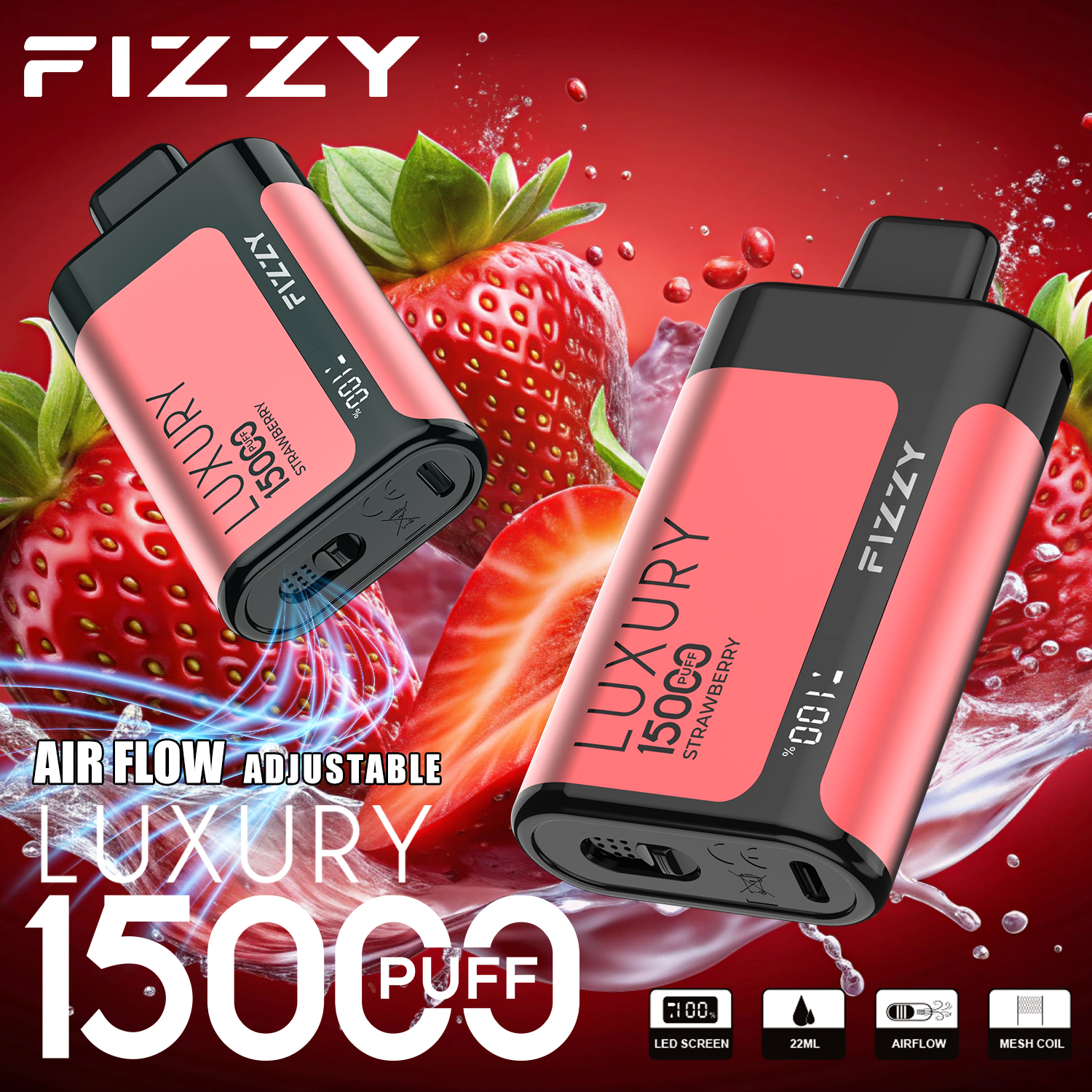 Fizzy Luxury 15000 Puffs Disposable Vape 22ML E-liquid Mesh Coil LCD Screen Adjustable Air Flow - Vapo247