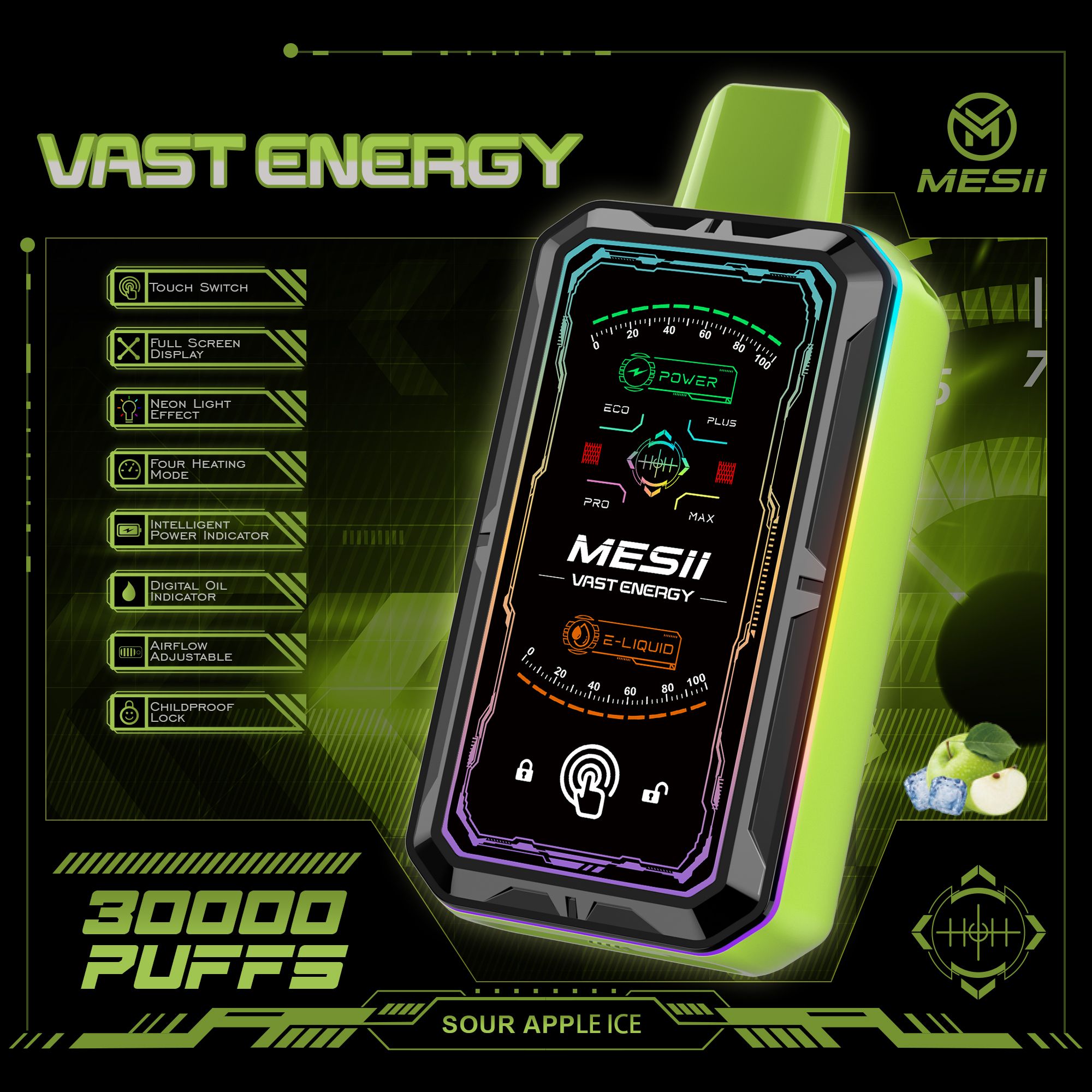 Mesii Vast Engergy 30000 Puffs Touch Switch| LCD Screen| 4 heating mode| Adjustable airflow| Fingerprint lock Disposable Vape - Vapo247