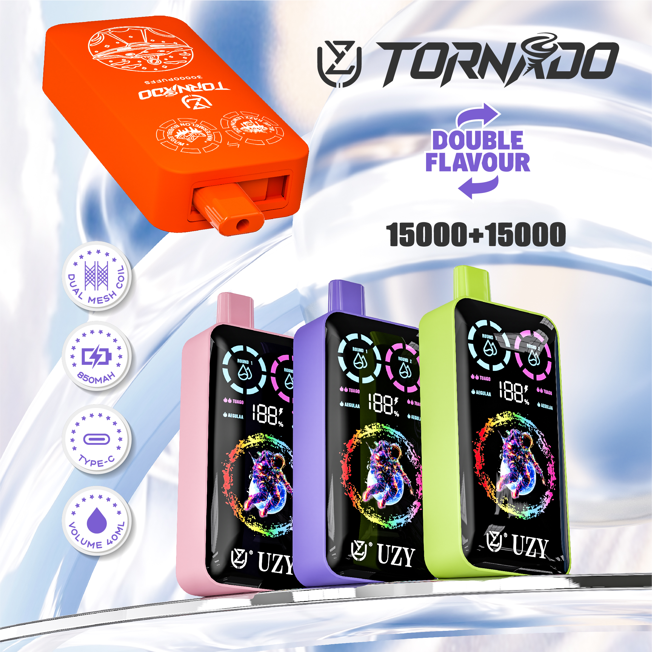 UZY TORNADO 30000 Puffs Double Flavors LCD Screen Mesh coil Disposable Vape - Vapo247