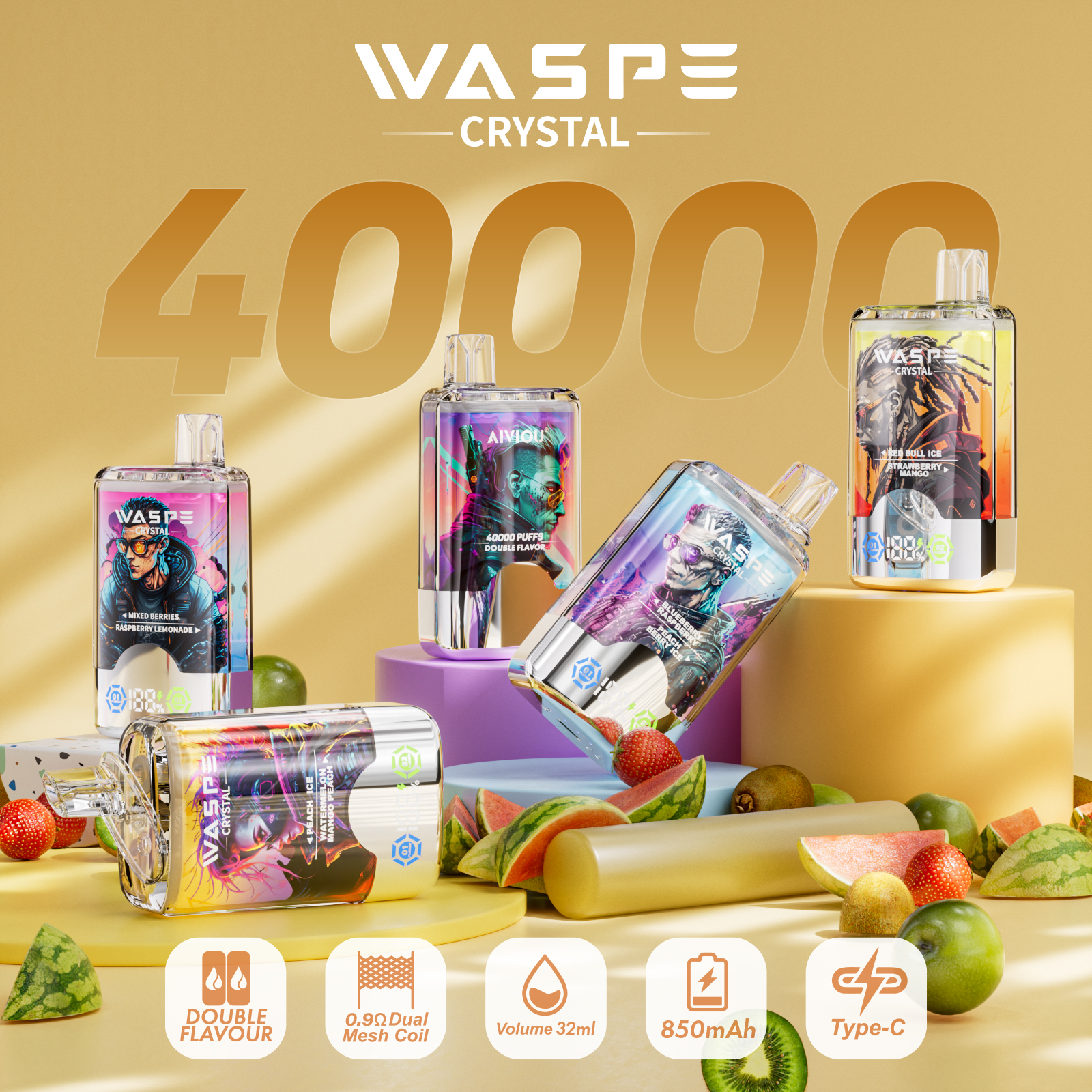 WASPE Crystal Double Flavors 40000 Puffs  | LED Screen | Double Flavors | Dual mesh coil  | Disposable Vape - Vapo247