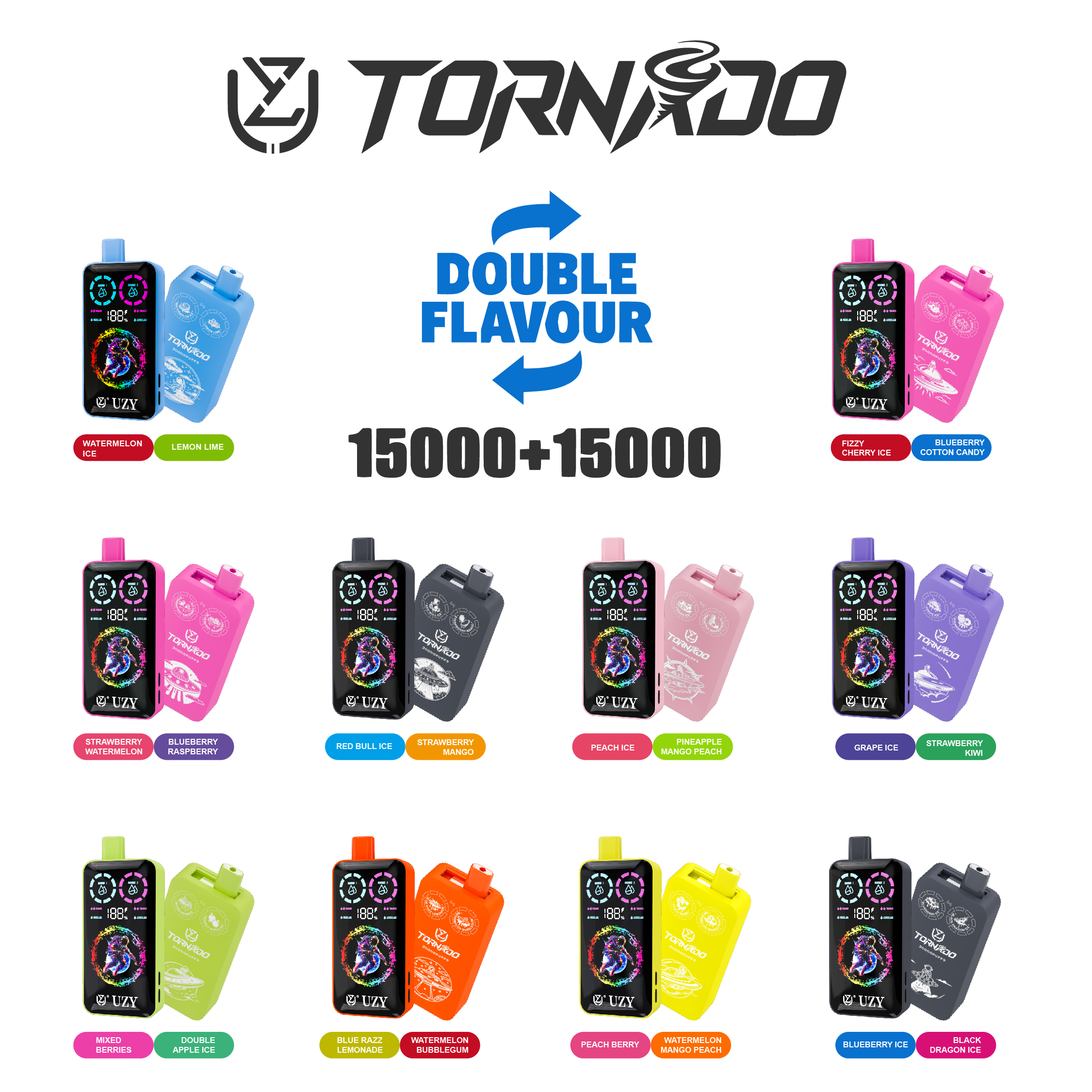 UZY TORNADO 30000 Puffs Double Flavors LCD Screen Mesh coil Disposable Vape - Vapo247