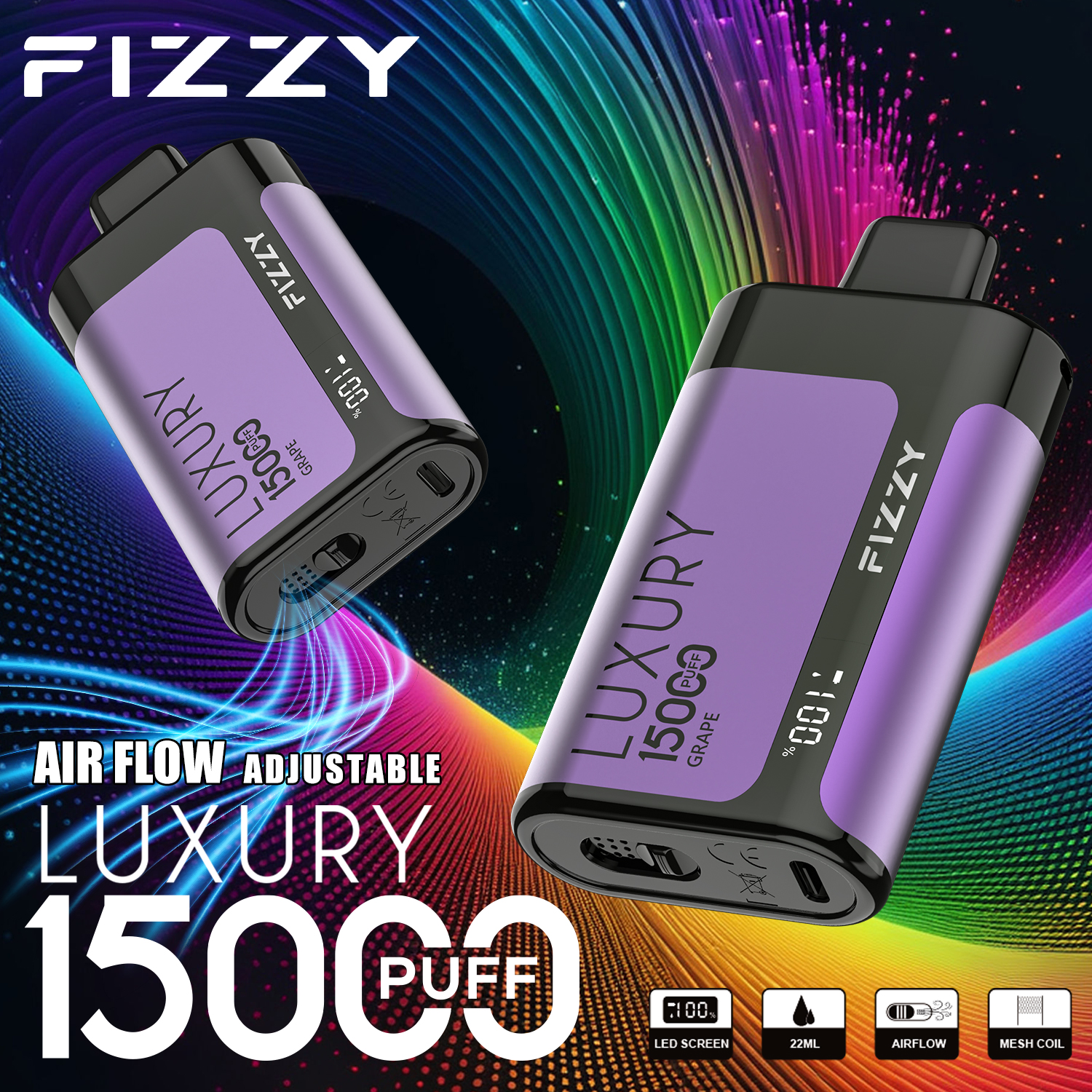 Fizzy Luxury 15000 Puffs Disposable Vape 22ML E-liquid Mesh Coil LCD Screen Adjustable Air Flow - Vapo247