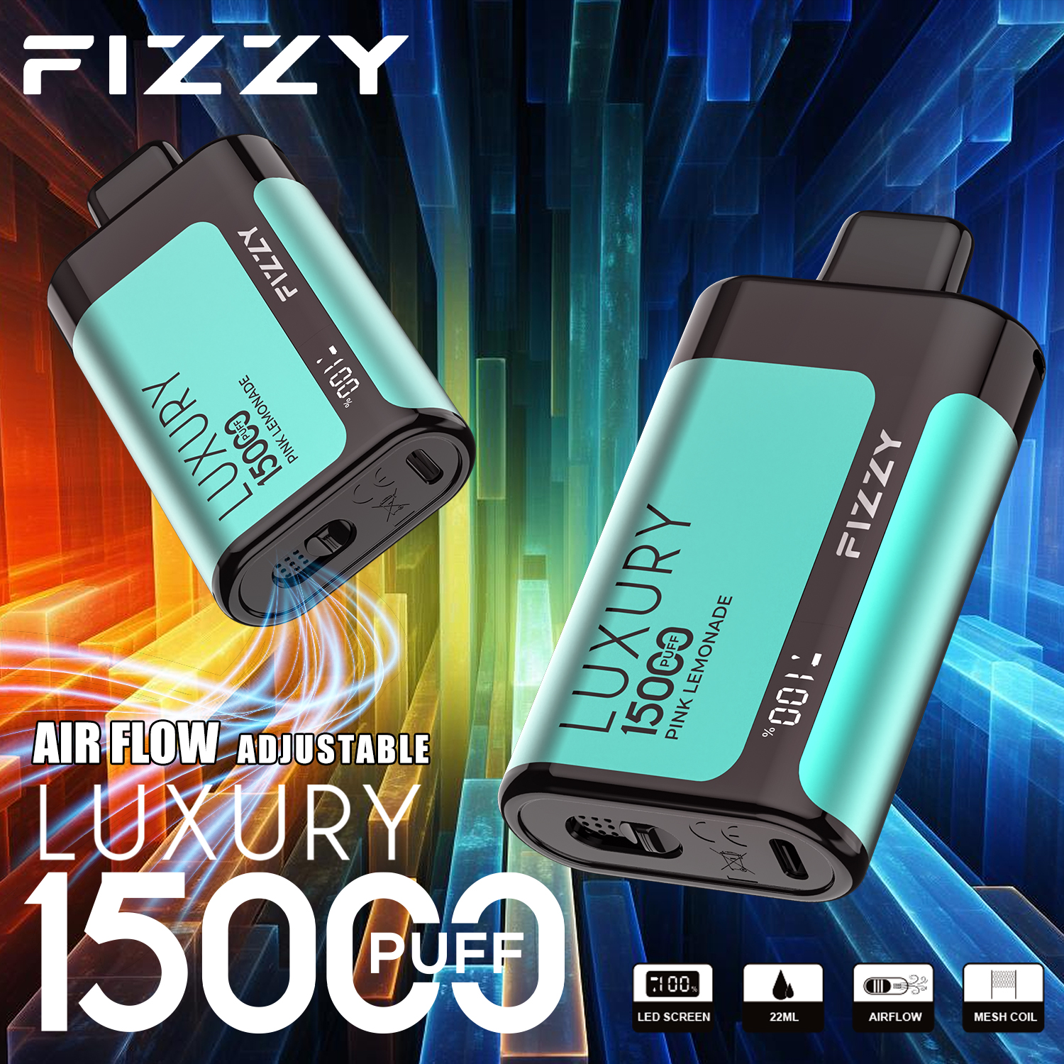 Fizzy Luxury 15000 Puffs Disposable Vape 22ML E-liquid Mesh Coil LCD Screen Adjustable Air Flow - Vapo247