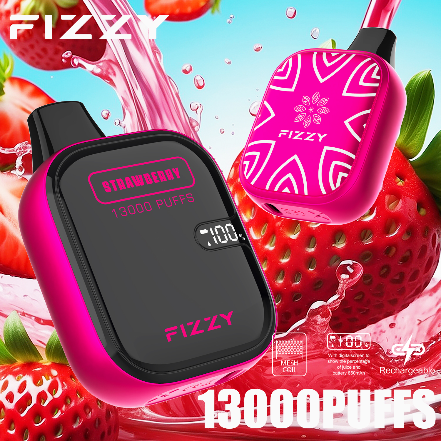 Fizzy Boom 13000 Puffs Disposable Vape 21ML E-liquid Mesh Coil LCD Screen - Vapo247