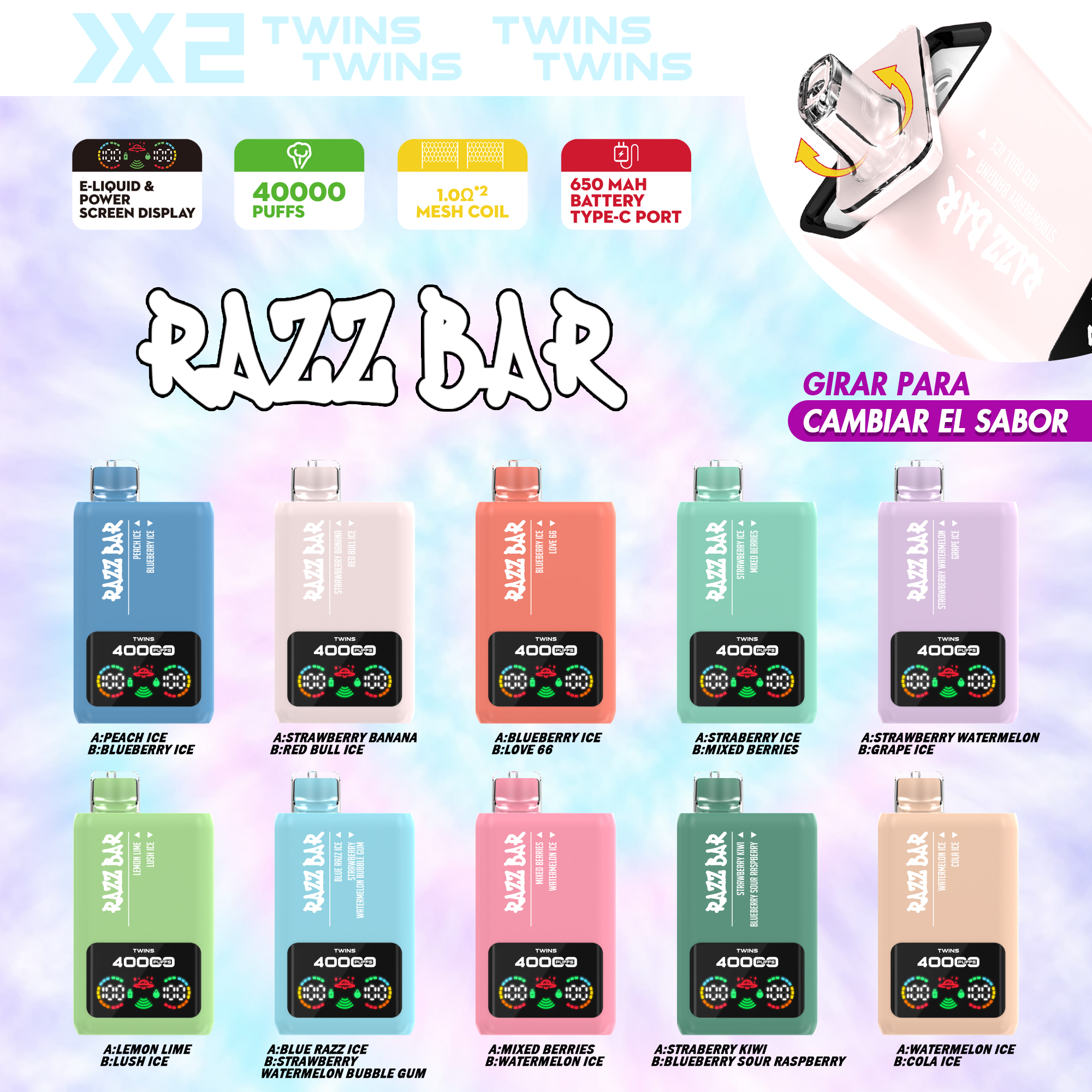 Razz bar 40000 puffs Double Flavor | Screen Display | Dual Mesh Coil Disposable Vape - Vapo247