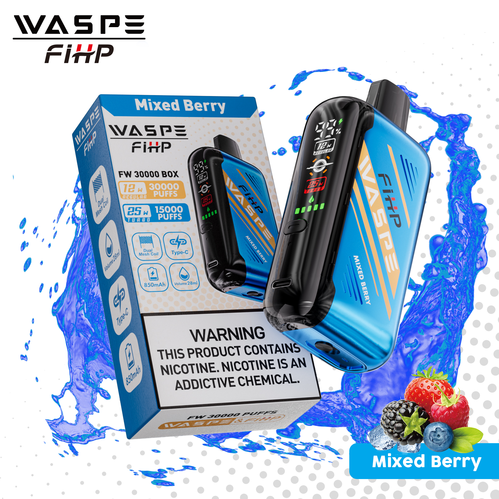 WASPE FW-30000 Puffs Dual Mesh Coil Adjustable Pulse Airflow LCD Screen Display Disposable Vape - Vapo247